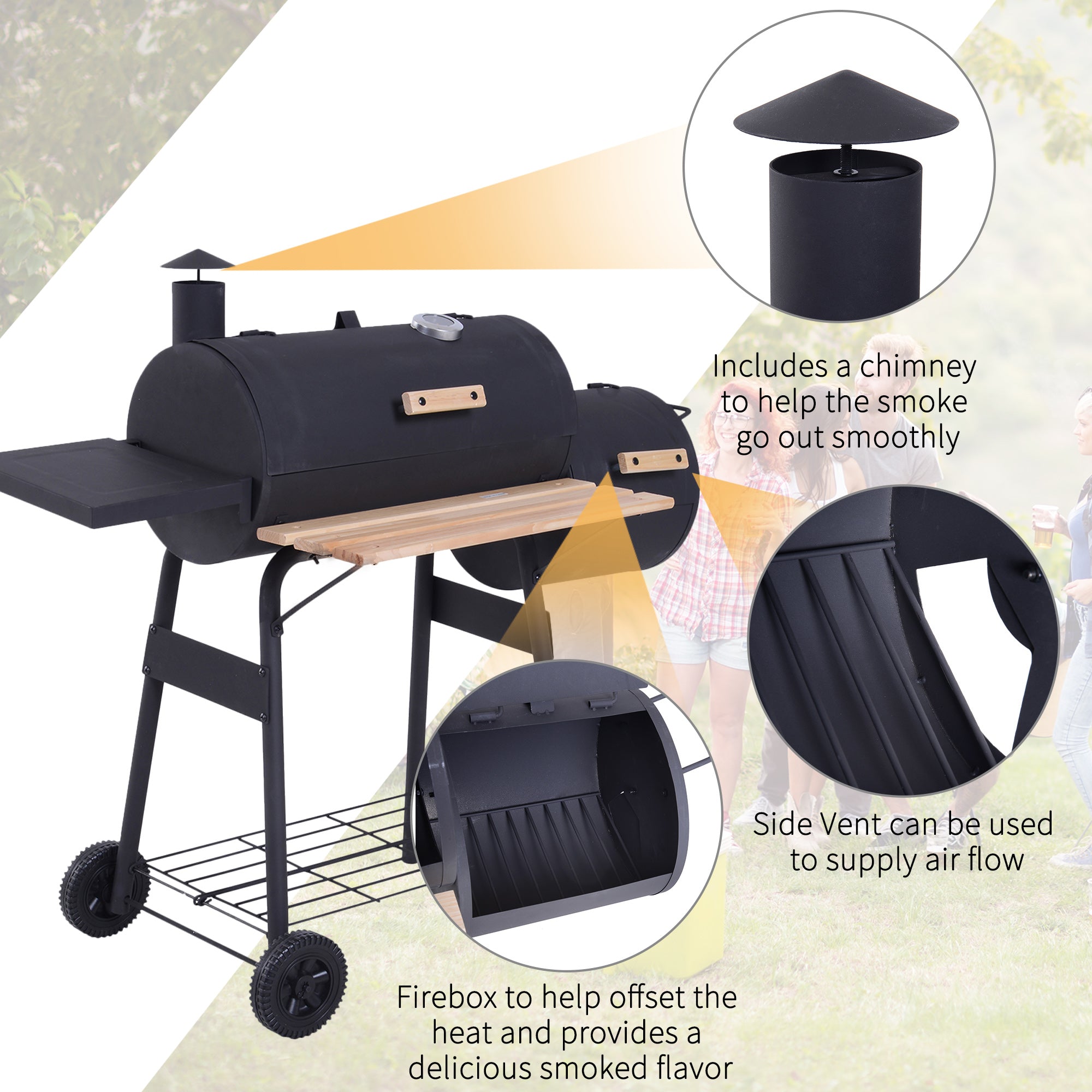 Kozy Portable Charcoal BBQ Grill, Cold-rolled Steel, Solid Wood, 104H x 124L x53W cm-Black