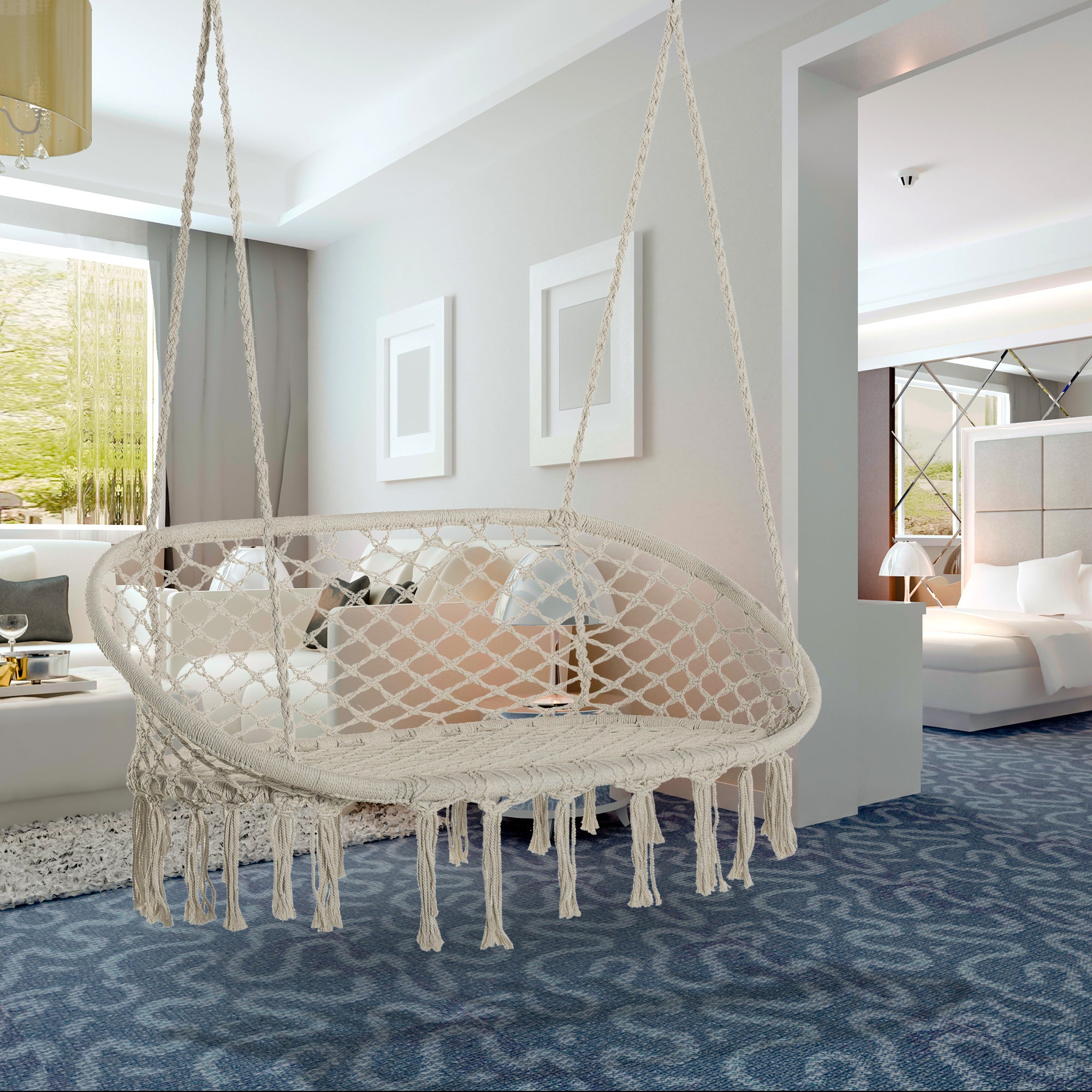 Kozy Hanging Hammock Chair Cotton Rope Porch Swing with Metal Frame, Large Macrame Seat for Patio, Garden, Bedroom, Living Room, Cream White