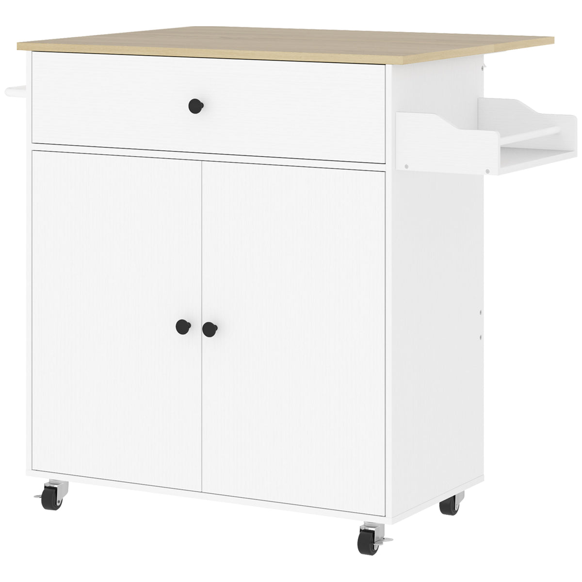 Kozy - Rolling Kitchen Island with Drop Leaf, Kitchen Storage Cart with Drawer, Spice Rack and Towel Rack, White