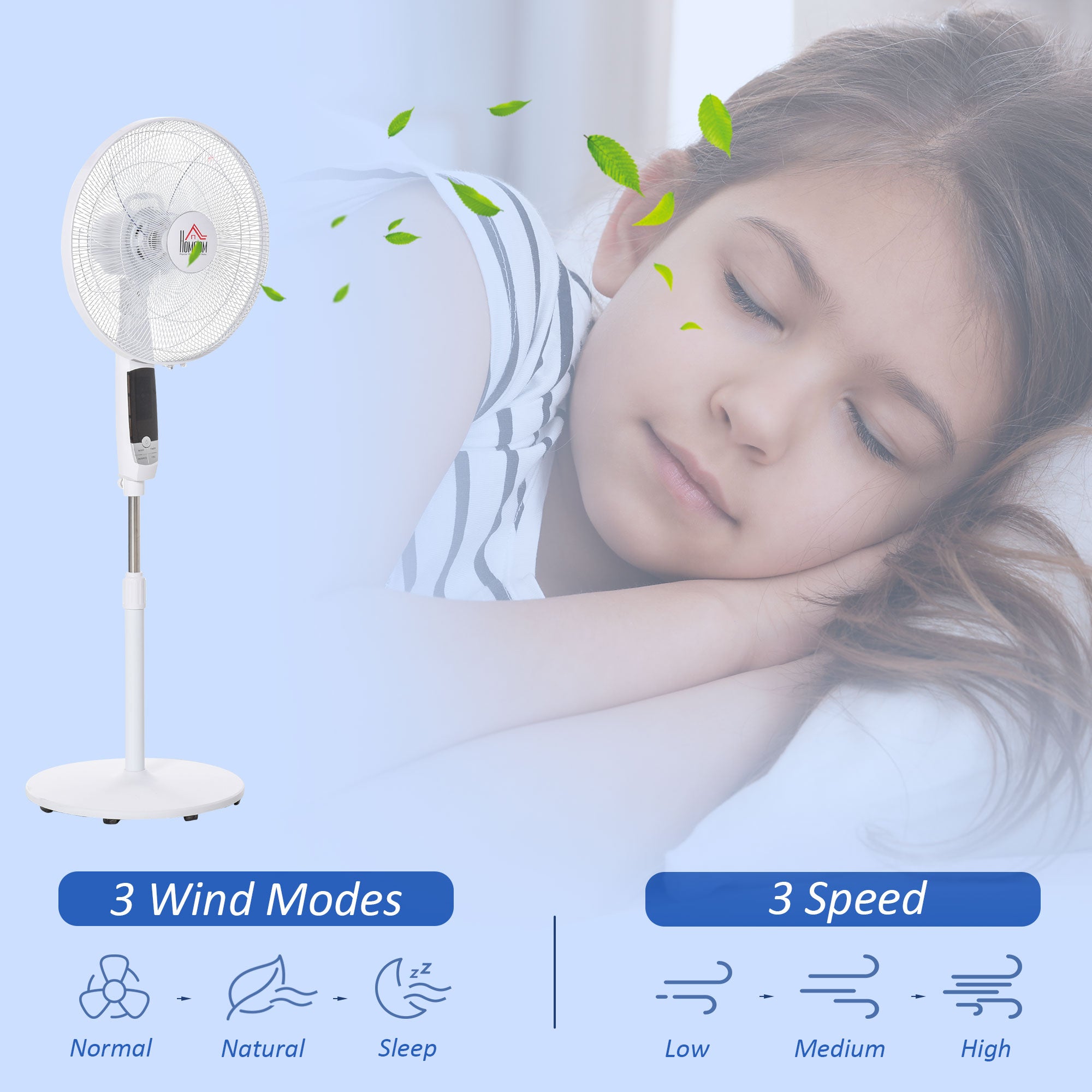 Kozy 16'' Pedestal Stand Fan, 3 Speed 3 Mode, 85° Oscillation, LED Panel, 3M Remote Controller, Height Adjustable for Living Room, Bedroom, Garage, Office, Black and White