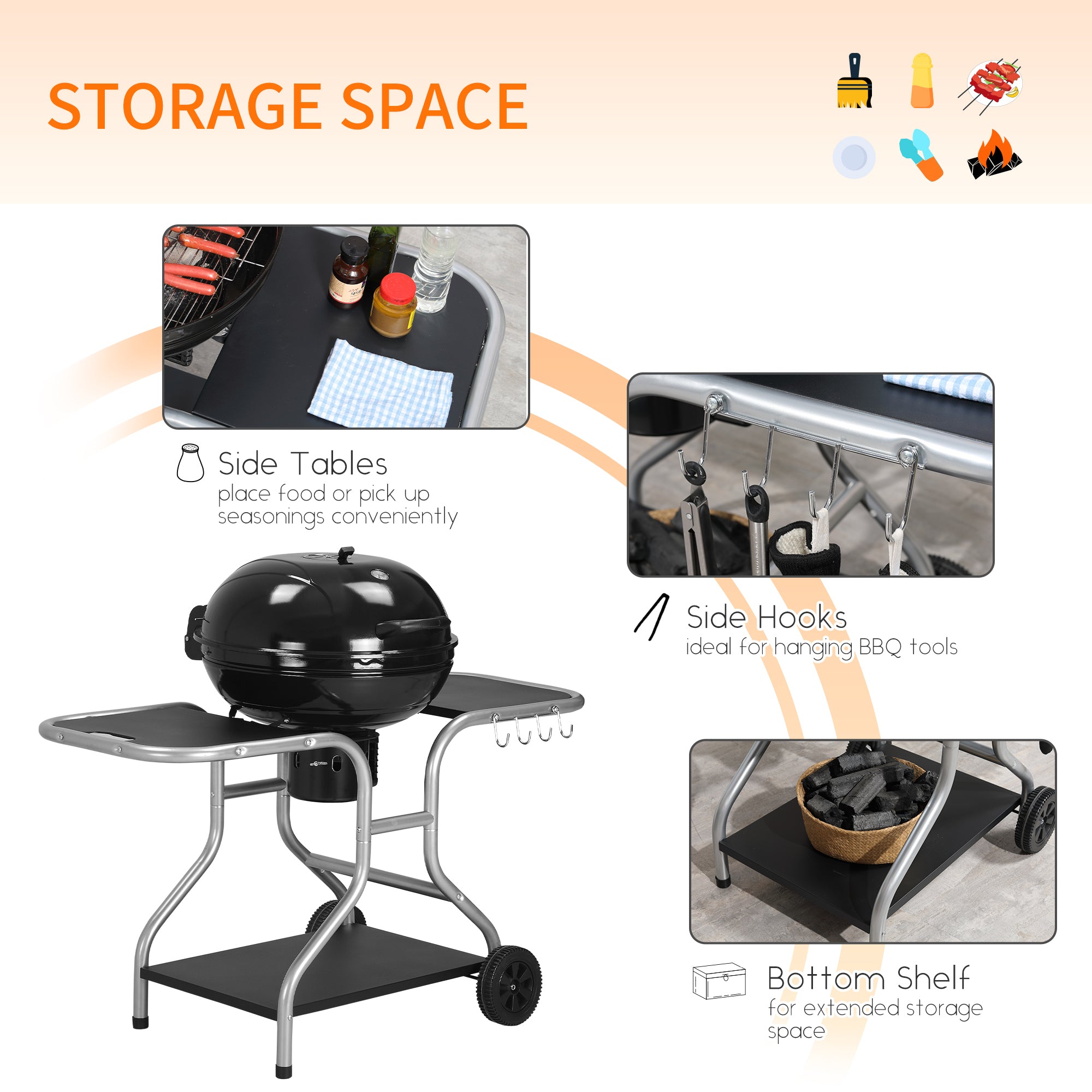 Kozy Portable Charcoal Kettle Grill Outdoor Barbecue Trolley BBQ Heat Smoker Grilling with 2 Wheels, Storage Shelf and 4 Hooks, Free Standing, Black