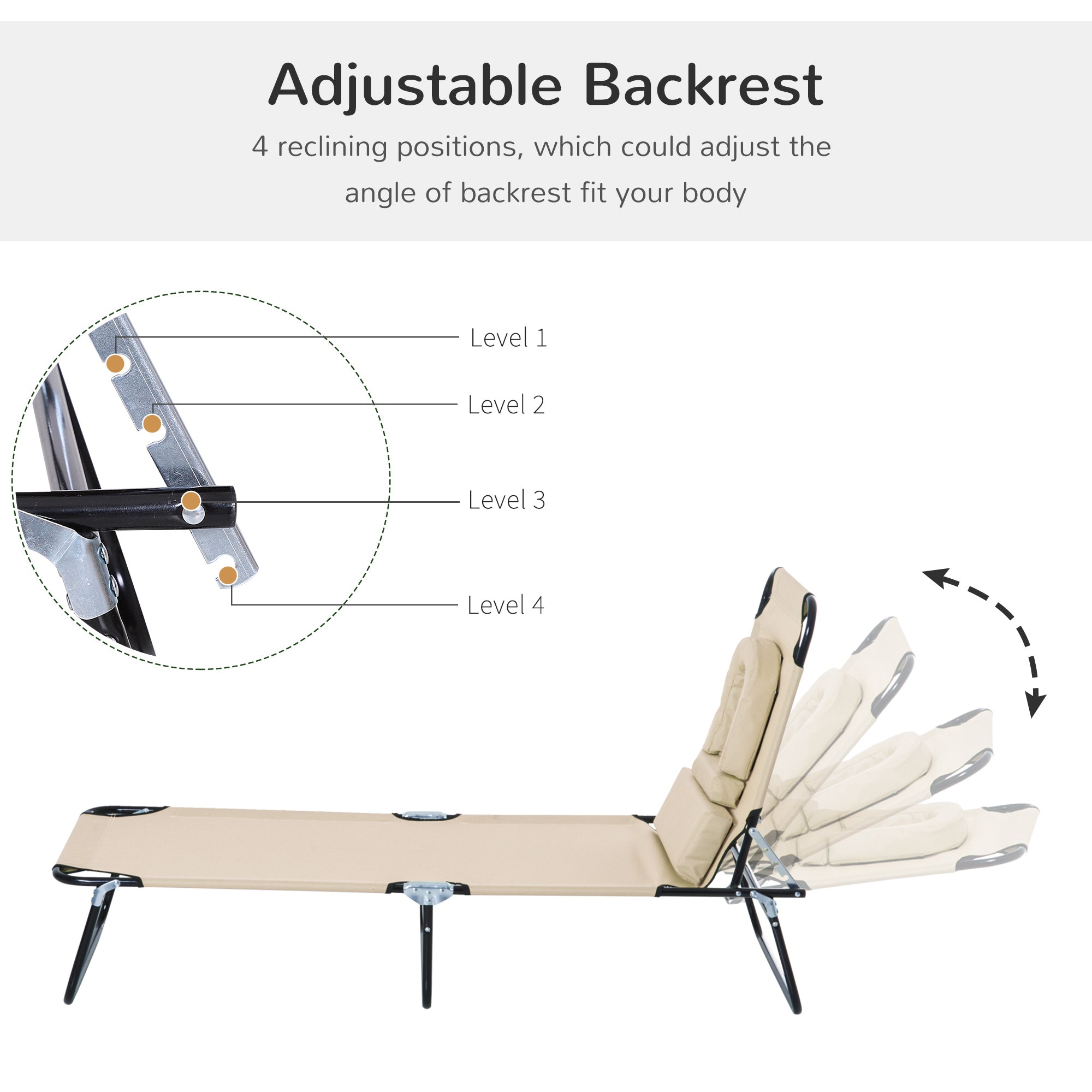 Kozy Outdoor Folding Sun Lounger with Face Hole, 4 Level Adjustable Backrest Reclining Garden Lounger, Garden Recliner Sunbed with 600 D Oxford Cloth Seat and Pillow for Beach, Beige