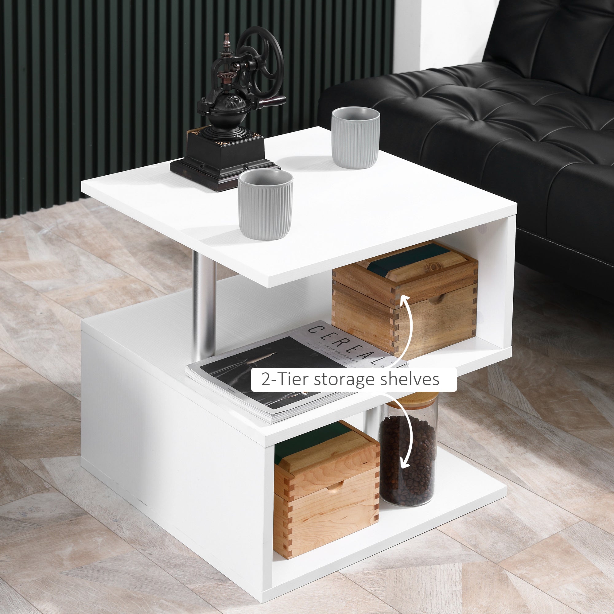 HOMCOM S Shape Cube Coffee Table, Wooden 2 Tier Storage Shelves Organizer, Office Bookcase, Living Room End Desk Stand Display, White | Aosom UK