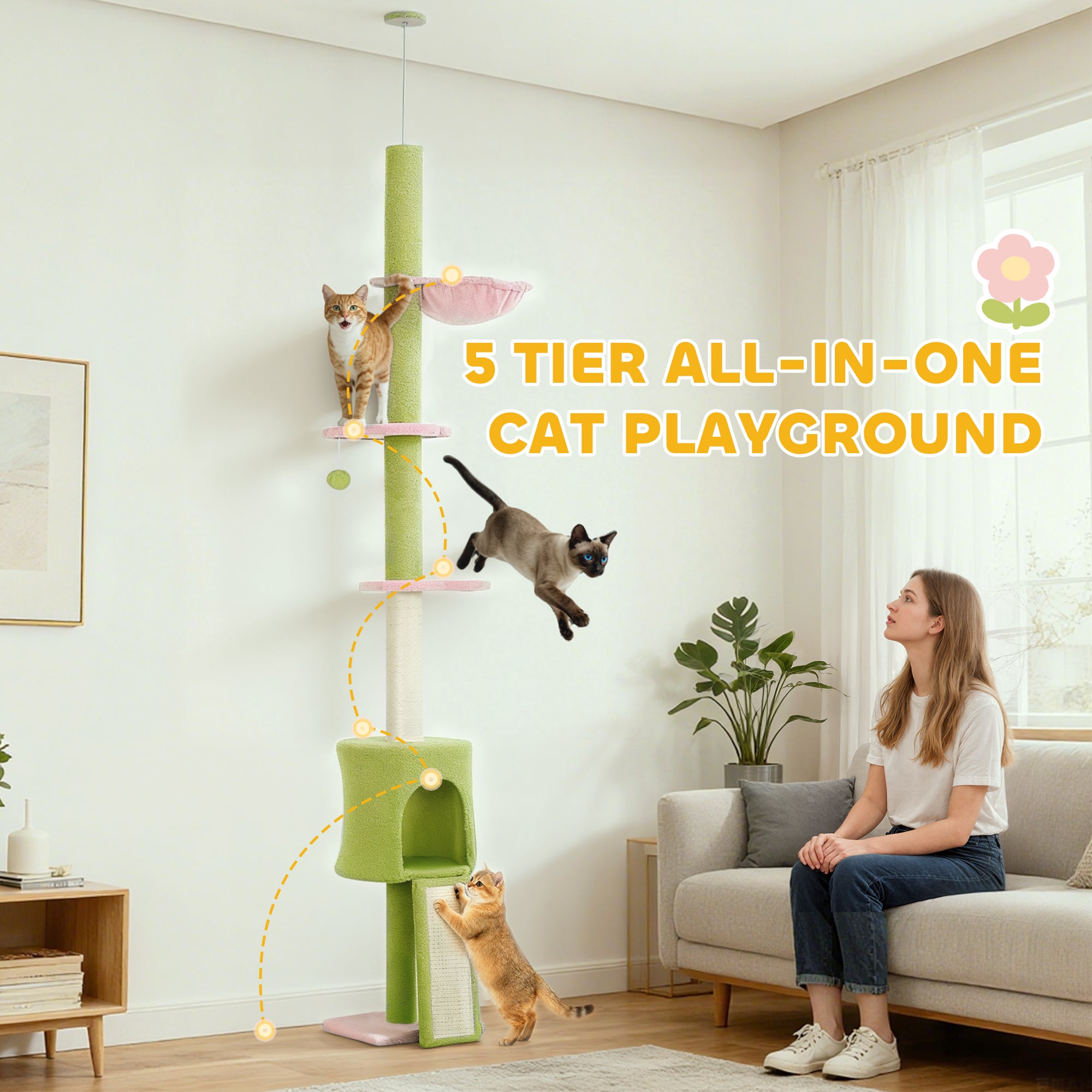 Kozy - 220-240 cm Floor to Ceiling Cat Tree Adjustable Height with Hammock, Condo, Scratching Posts, Green
