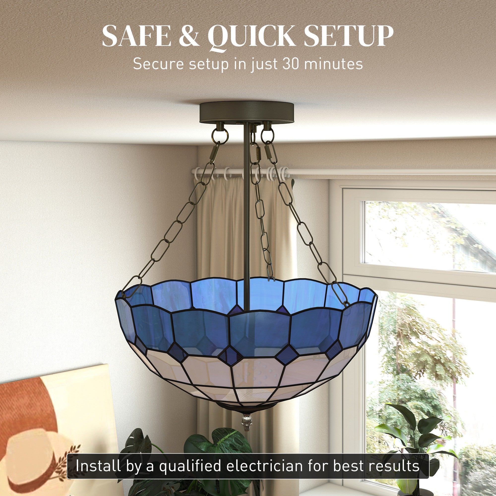 Kozy Tiffany Style Ceiling Light, Vintage Chandelier with 3 E27 Sockets, Semi Flush Mount for Living Room, Bulbs Not Included