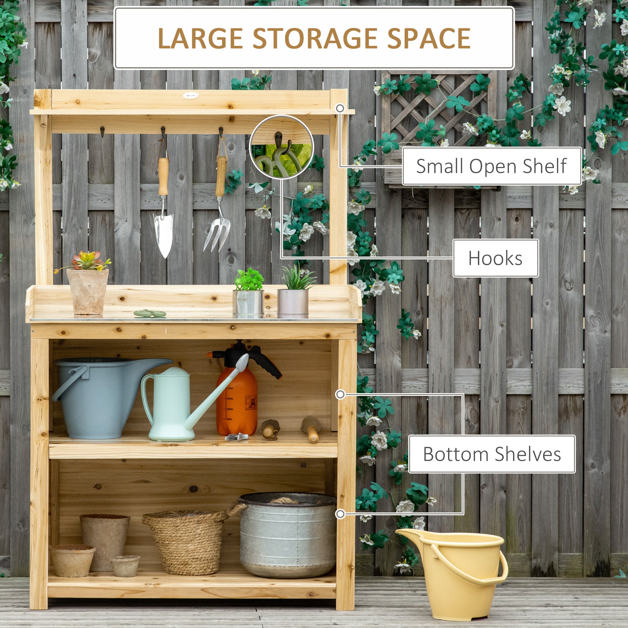 Kozy Garden Potting Bench Table, Wooden Workstation Bench w/ Galvanized Metal Tabletop, Storage Shelves and Hooks, Natural