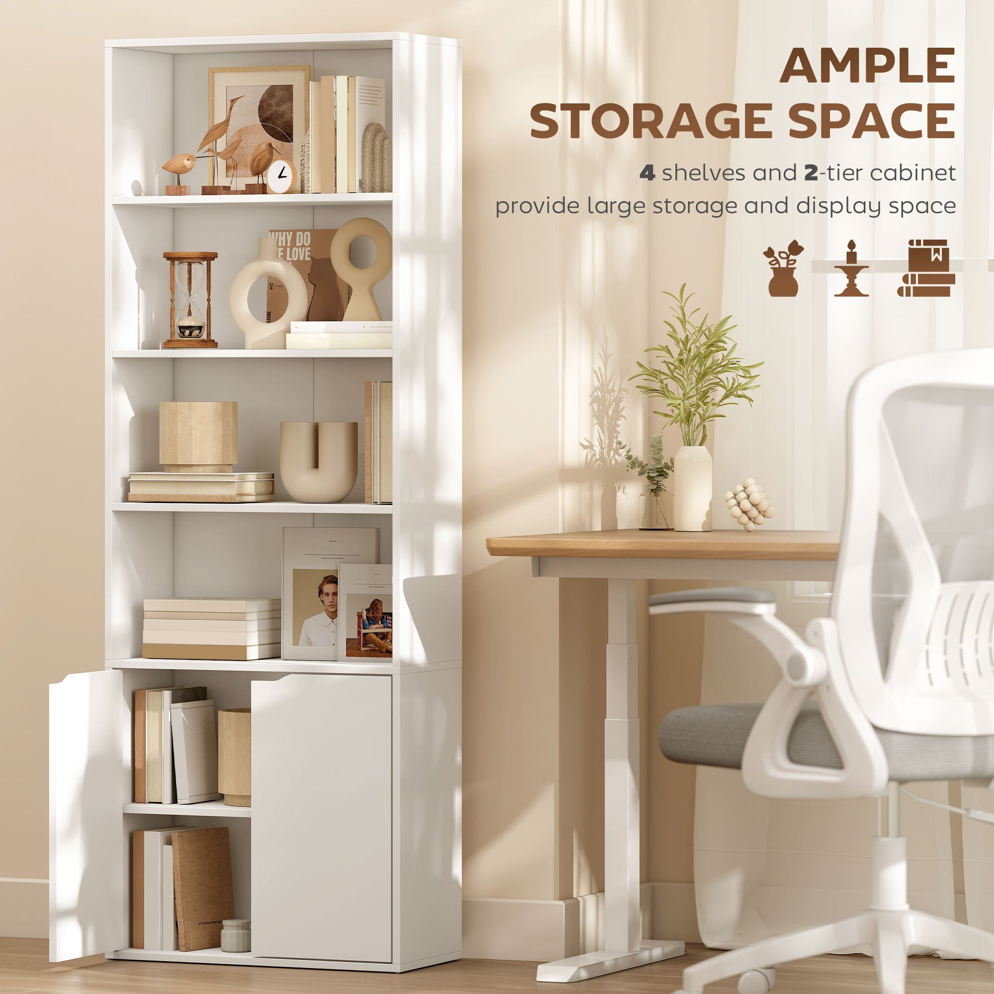 Kozy 6-Tier Tall Bookcase, Bookshelf with 4 Open Shelves and Double Door Storage Cabinet, Freestanding Display Rack for Living Room, Bedroom, Home Office, Study, 59 x 29 x 180cm, White