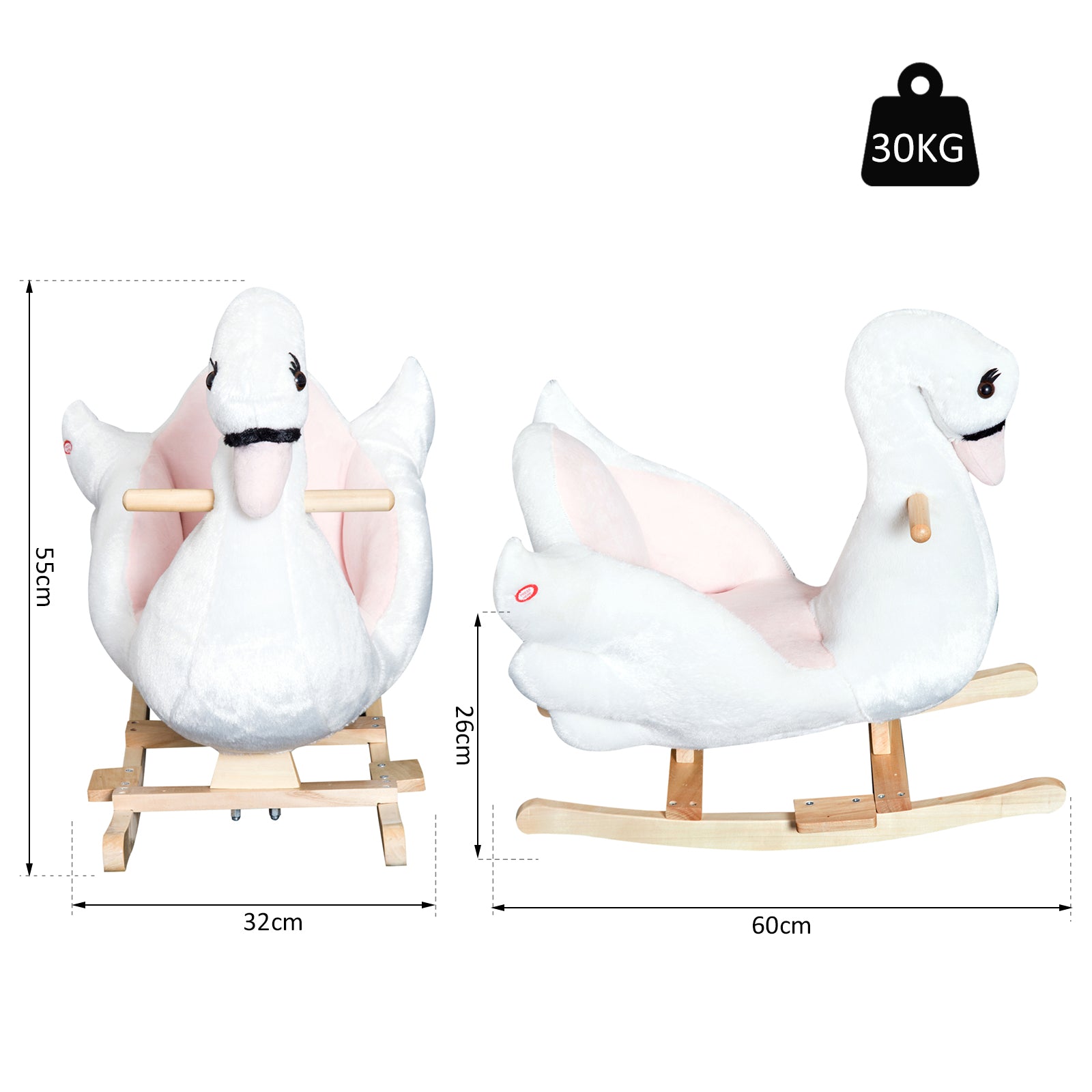 HOMCOM Swan Rocking Horse Kids Wooden Ride On Plush Toy w/ Music