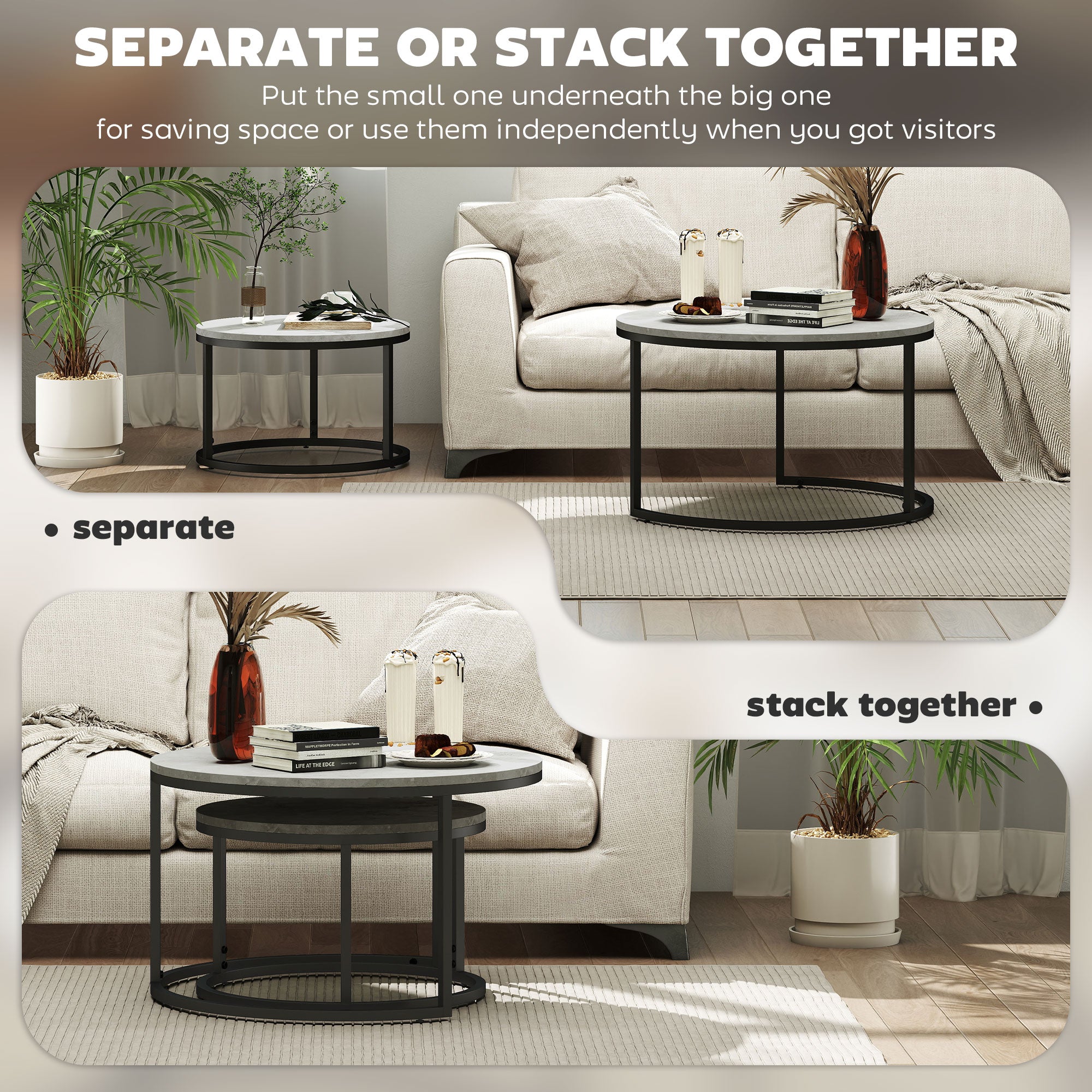 Kozy Set of Two Marble-Effect Stacking Tables - Wood Grey