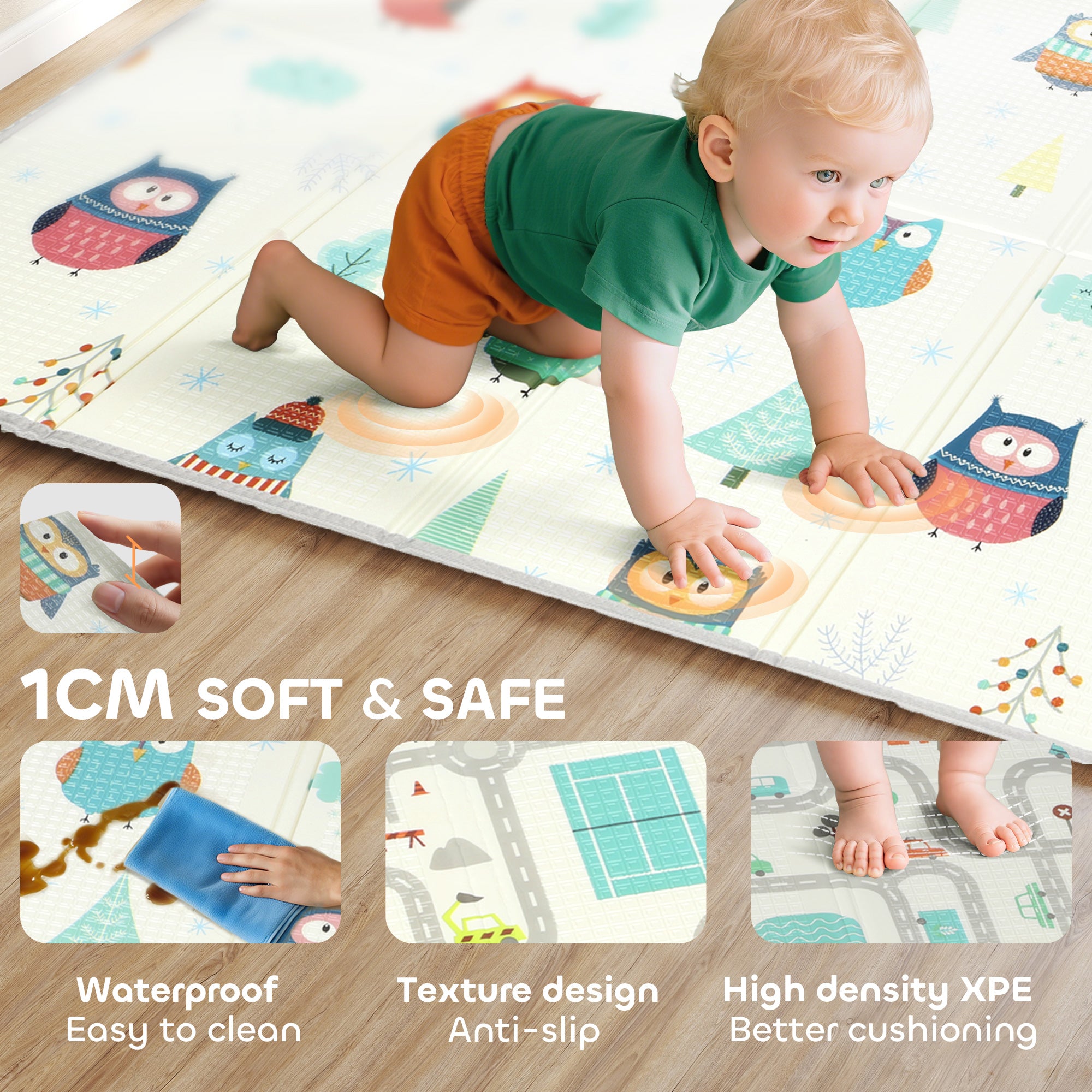 Kozy Foldable Baby Plat Mat Double Sided, Kids Floor Mat for Crawling, 195.5L x 147.5W cm, Car track and Owl Theme