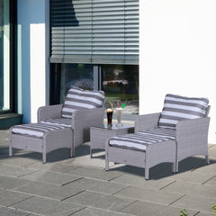 Outsunny 2 Seater PE Rattan Garden Furniture Set, 2 Armchairs 2 Stools Glass Top Table Cushions Wicker Weave Chairs Outdoor Seating