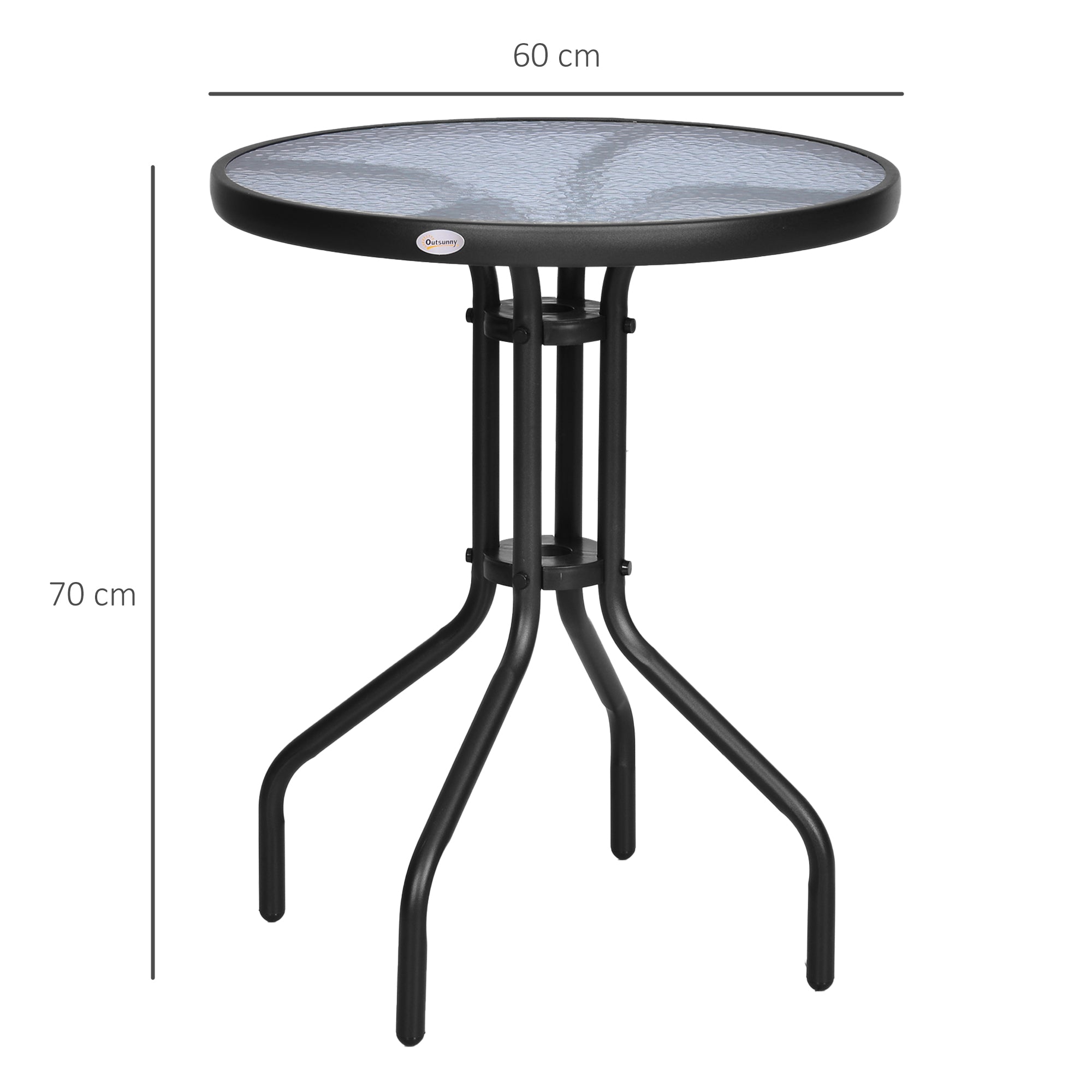 Outsunny Round Metal Garden Table, 60cm Diameter Tempered Glass Top, Outdoor Patio Furniture, Black