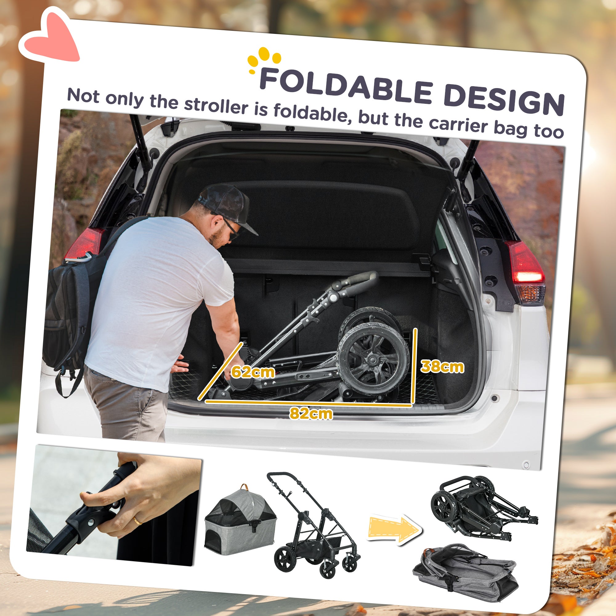 Kozy Dog Pram Pet Stroller for Small Dogs Cats, Foldable Dog Pushchair Trolley with Detachable Pet Carrier Bag, Shock Absorber, Adjustable Handlebar, Grey