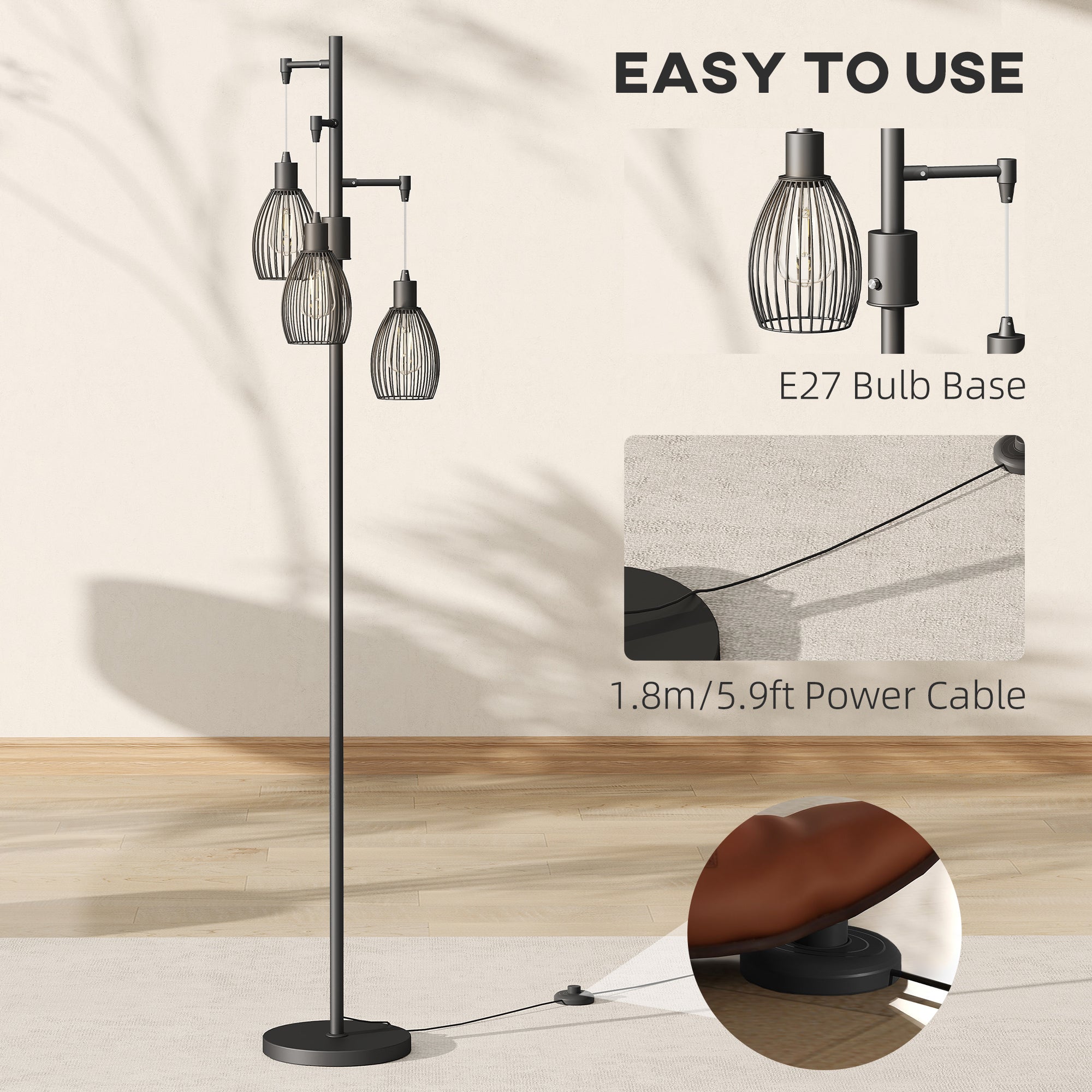 Kozy - 3-Light LED Floor Lamp, 170cm Industrial Dimmable Standing Lamp with Steel Wire Cage Lampshades, 2700K for Living Room, Bedroom, Dining Room, Study, Black