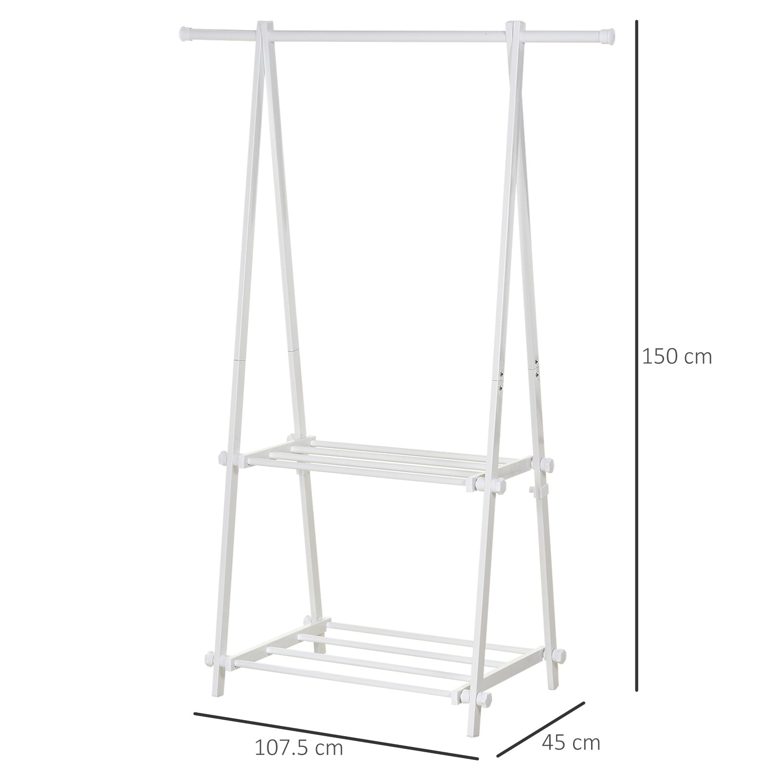 HOMCOM Minimalist Foldable Adjustable Clothes Rack Hanger w/ 2 shelves 107.5L x 45W x 150H cm Hallway Entryway Furniture