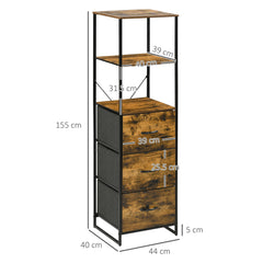 HOMCOM Industrial-Style Bookshelf, Tall Bookcase w/ 2 Open Shelves & 3 Foldable Fabric Drawers, Multifunctional Storage Unit, Rustic Brown | Aosom UK