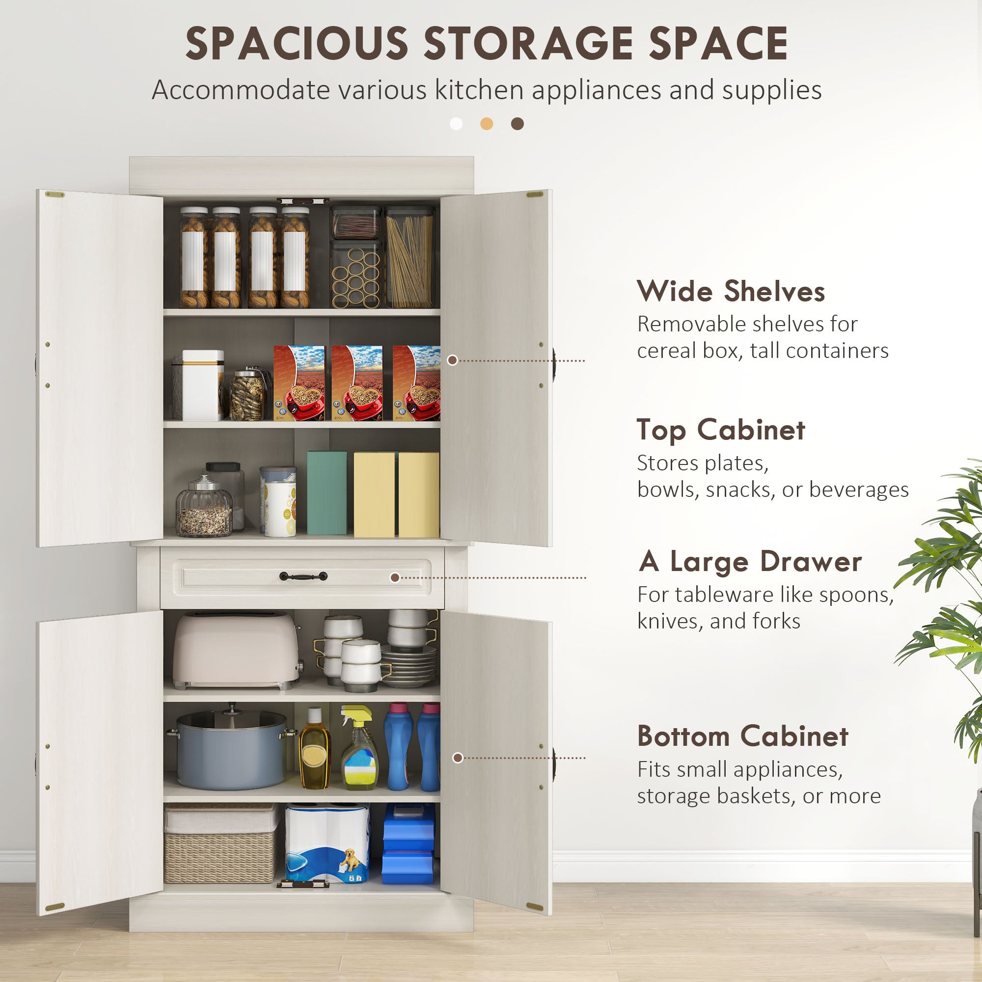 Kozy Kitchen Cupboard with 4 Doors, Freestanding Storage Cabinet with Wide Drawer and Shelves for Living Room, 180cm, White Wood Grain