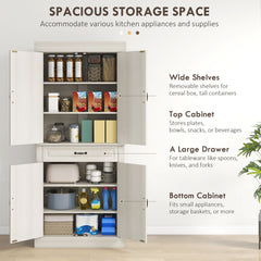 Kozy Kitchen Cupboard with 4 Doors, Freestanding Storage Cabinet with Wide Drawer and Shelves for Living Room, 180cm, White Wood Grain