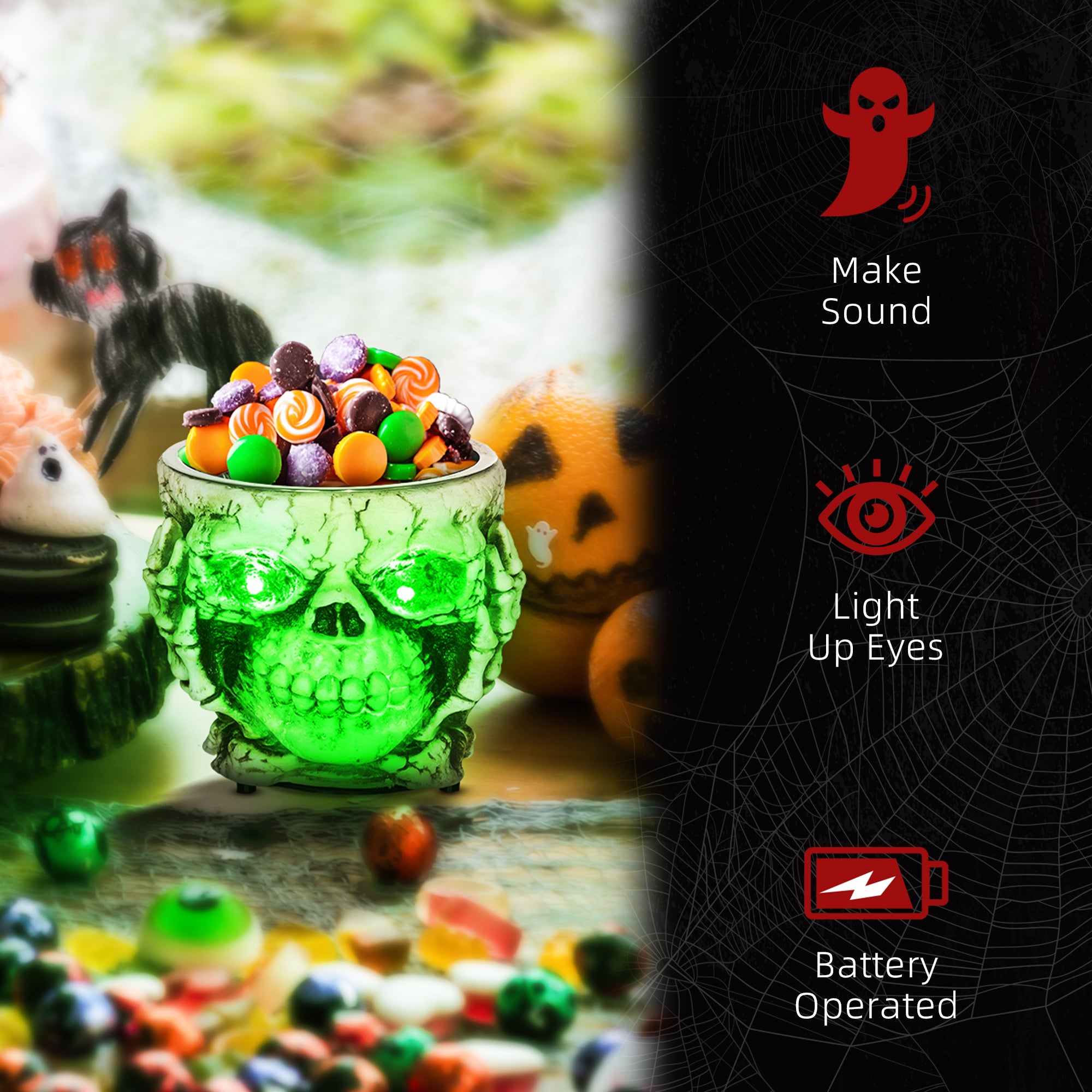 Kozy - 14cm 5.5" Skeleton Candy Bowl Outdoor Halloween Decoration, Halloween Prop with Sound Activated, Light Up Eyes, Sound Effects for Haunted House
