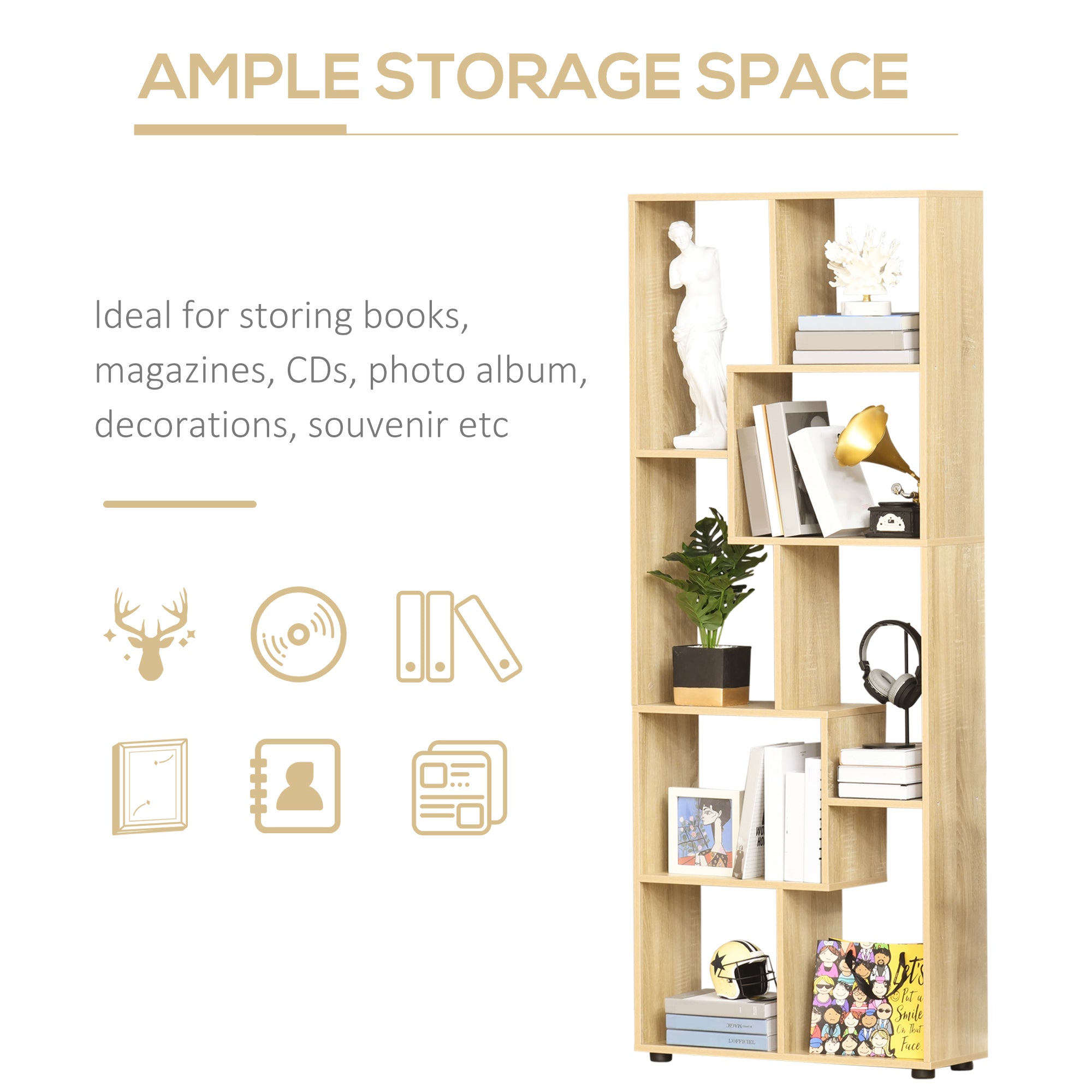 Kozy Bookshelf, Tall Bookcase, Modern Room Divider, 8 Cube Storage Unit, Freestanding Storage Shelf for Living Room, Bedroom, Home Office, 70 x 24 x 178 cm, Natural