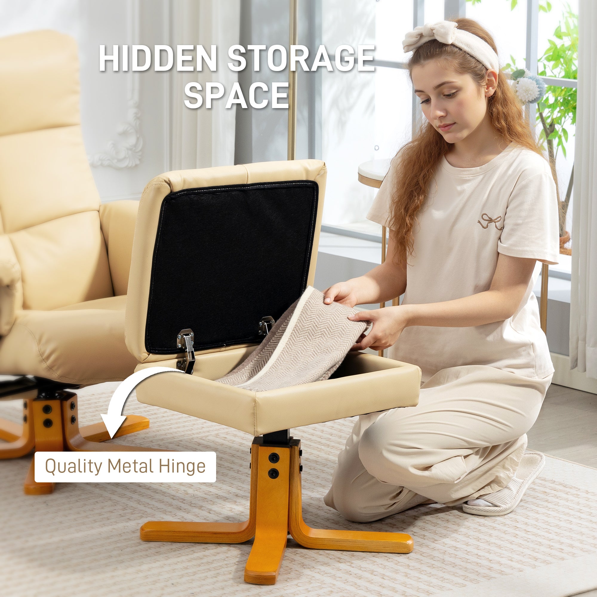 Kozy PU Leather Swivel Recliner Chair with Footstool, Wooden Base and Storage for Living Room, Beige