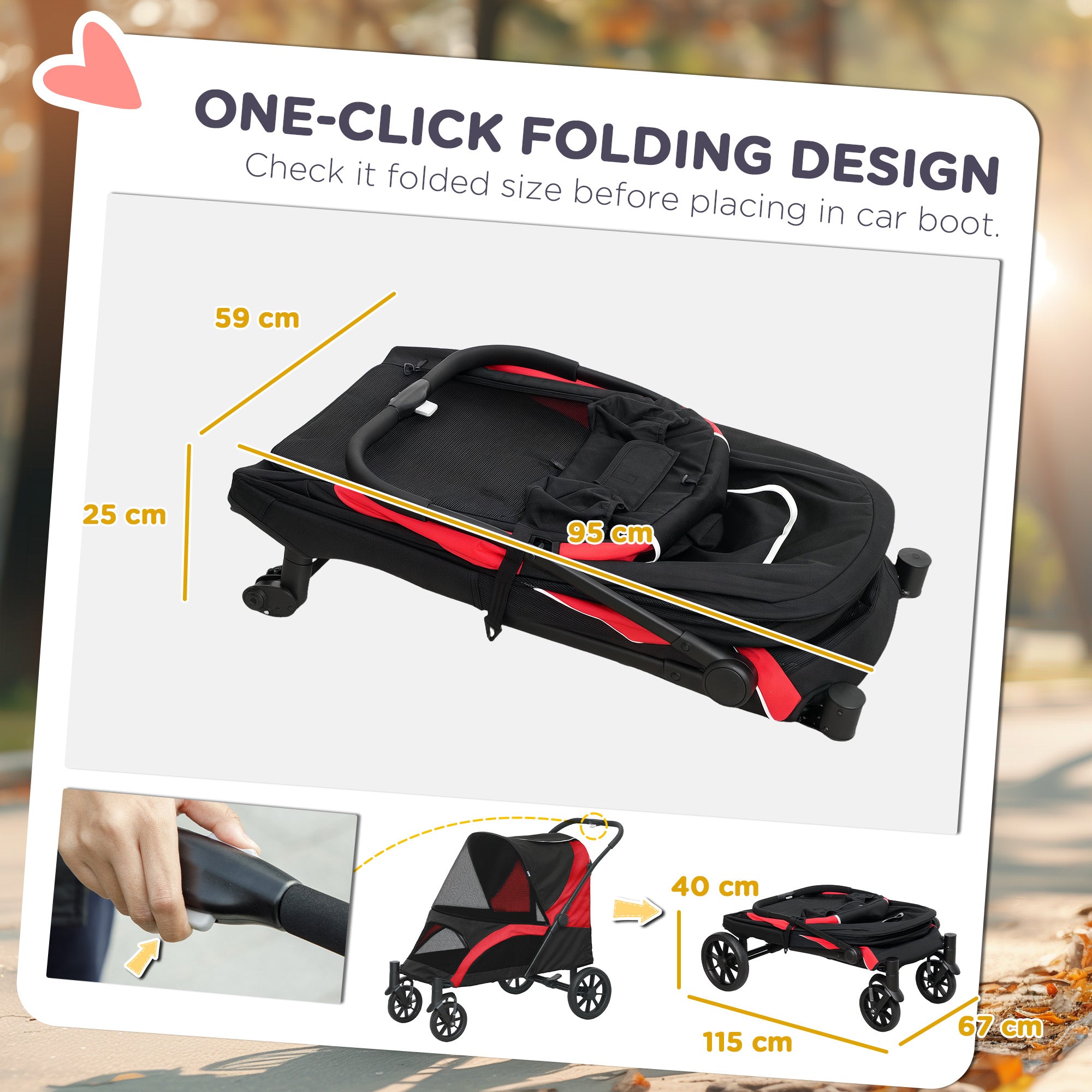 Kozy - Foldable Pet Stroller for Large Dogs with Four Big Wheels, Shock-Absorbing Frame, Safety Leashes, Brakes, Red/Black