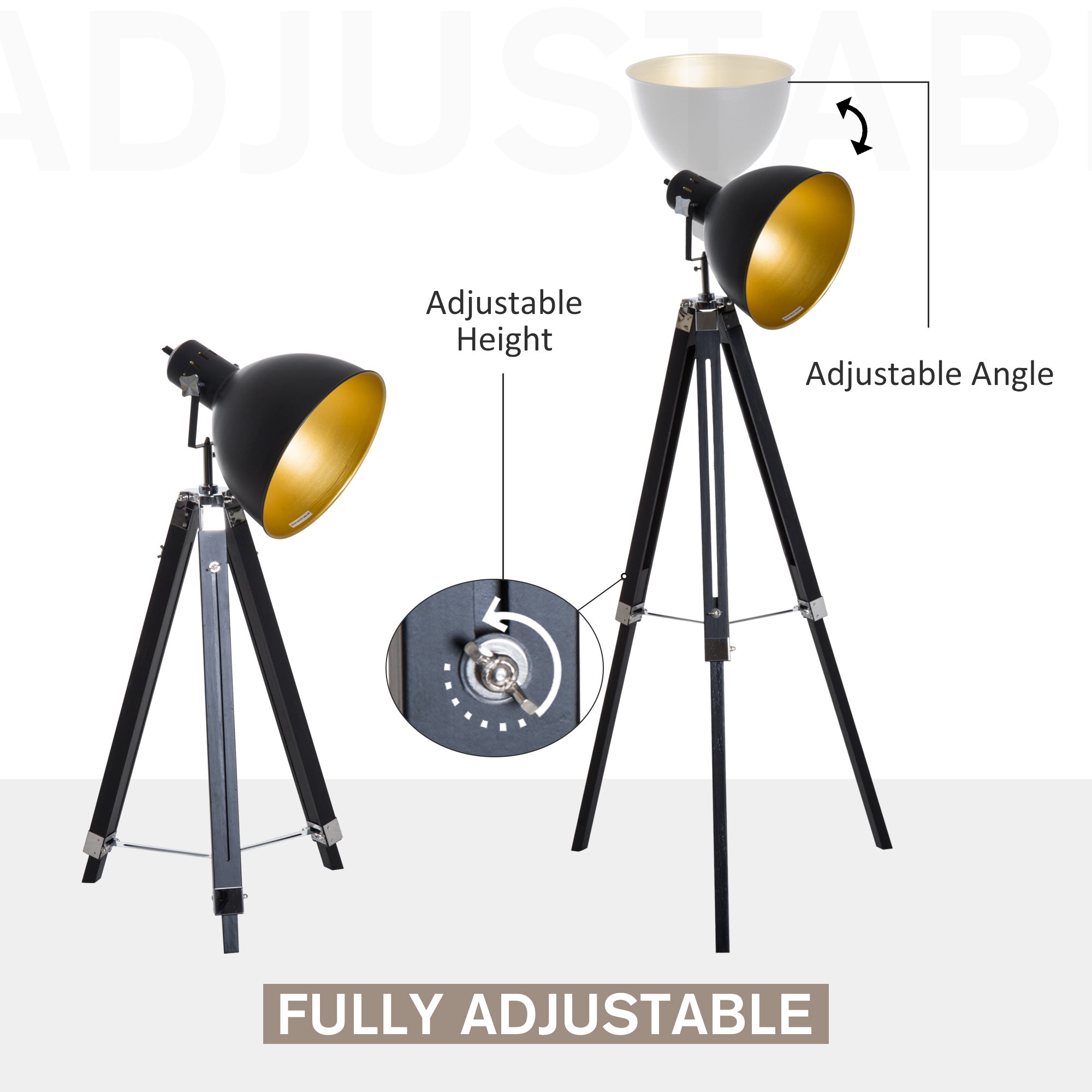 Kozy Tripod Floor Lamp, Spotlight Reading Lamp w/ Adjustable Height, Angle, Wood Legs for Living Room, Bedroom, Home, Office, Black and Gold