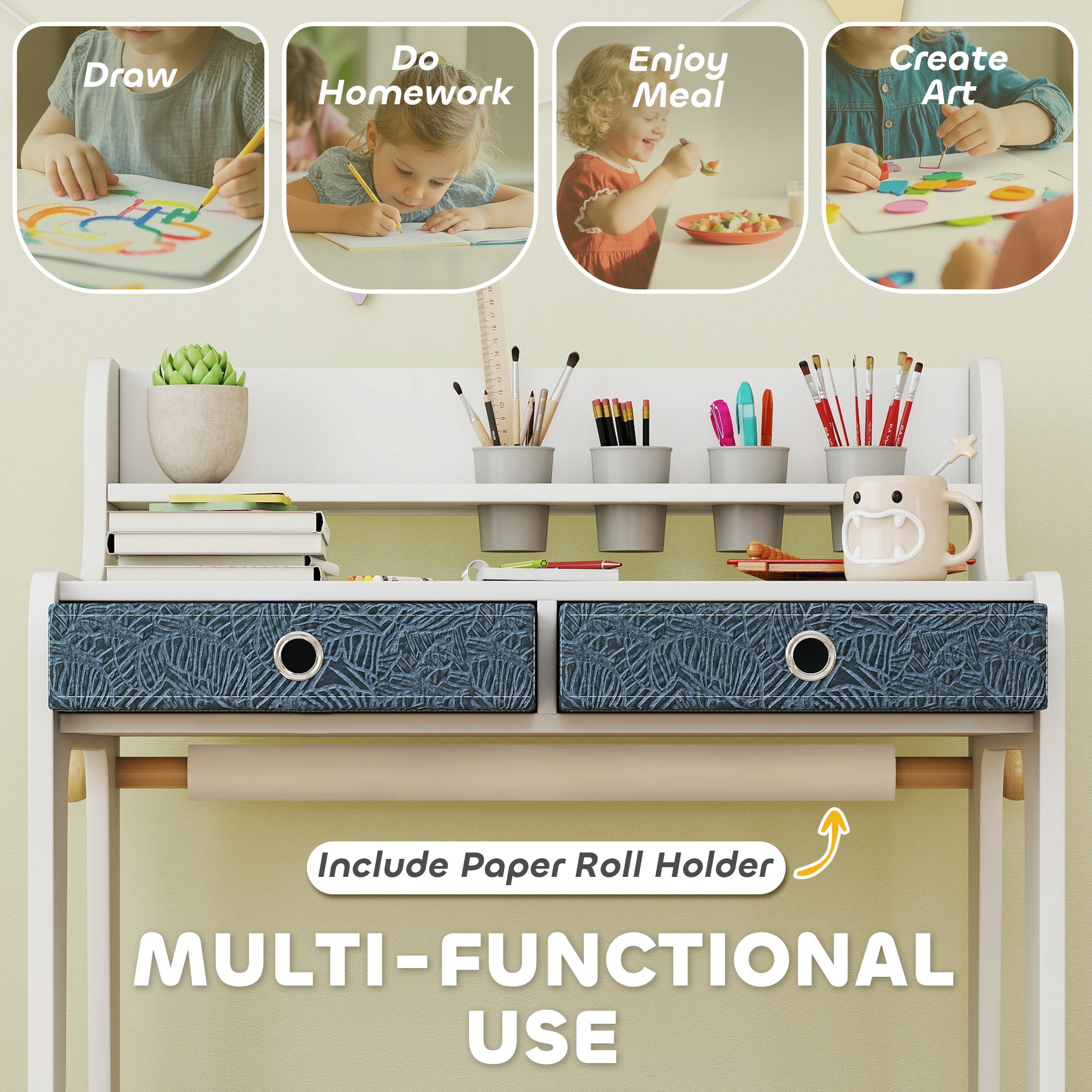 AIYAPLAY Art Table and Chair Set for children, Kids Art Desk and Chair Set with Storage Shelf and Drawers