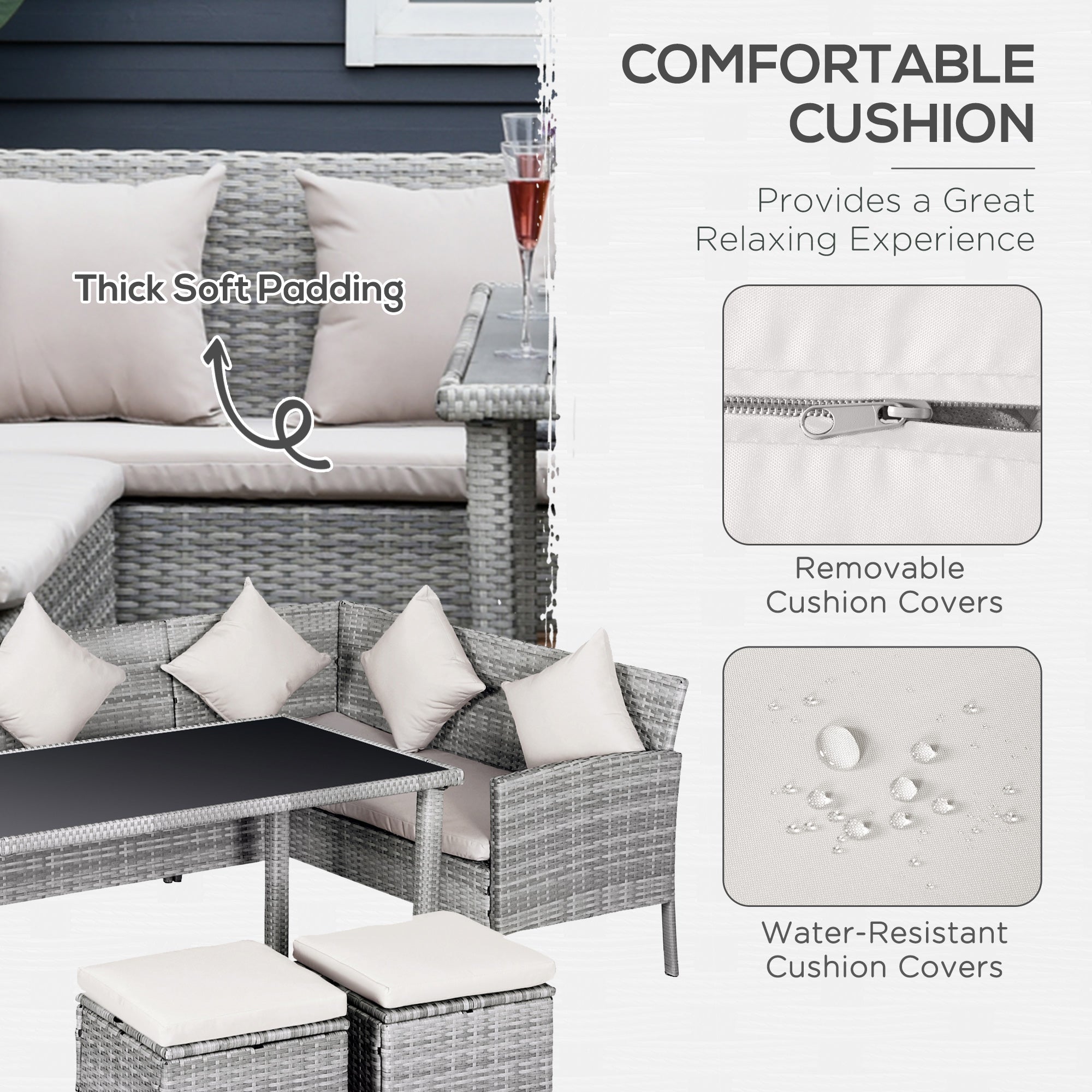 Kozy 6-Seater Rattan Dining Set Sofa Table Footstool Outdoor w/ Cushion Garden Furniture