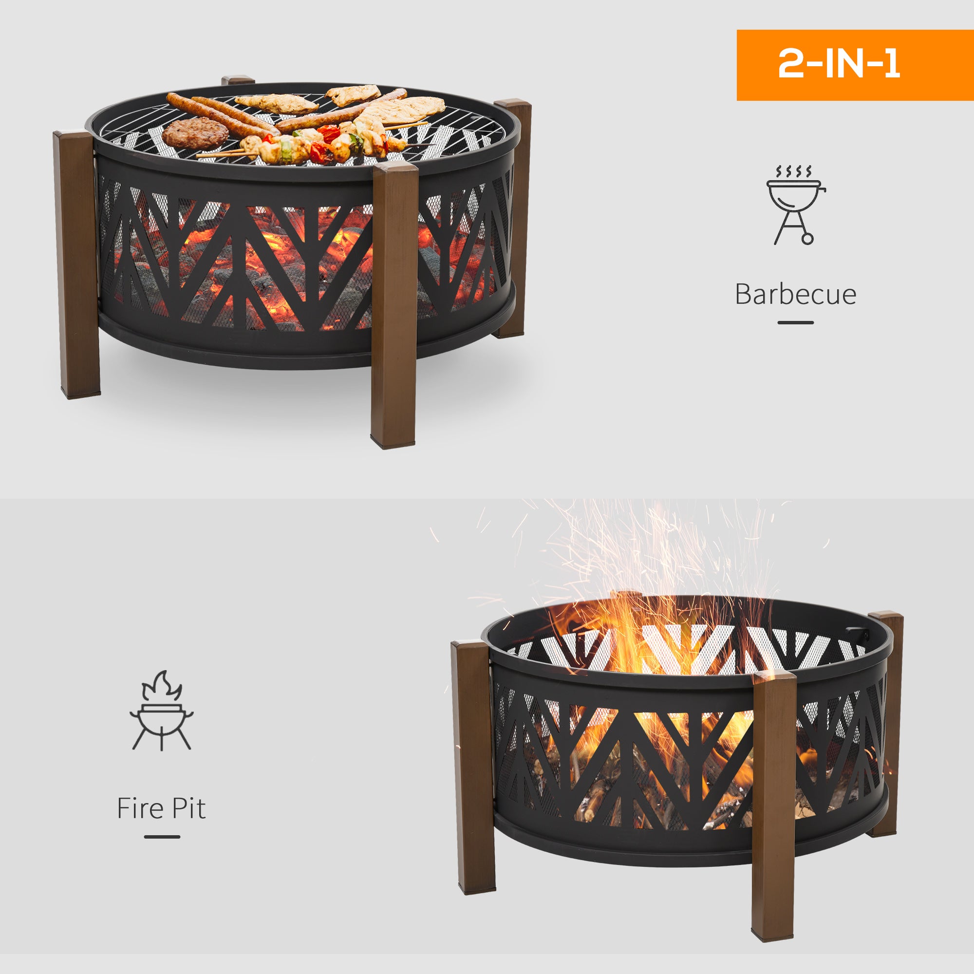 Kozy Metal Large Firepit Bowl Outdoor 2-In-1 Round Fire Pit Brazier w/ Lid,  BBQ Grill, Poker for Backyard, Camping, Bonfire, Wood Burning Stove, 78 x 78 x 60cm, Black
