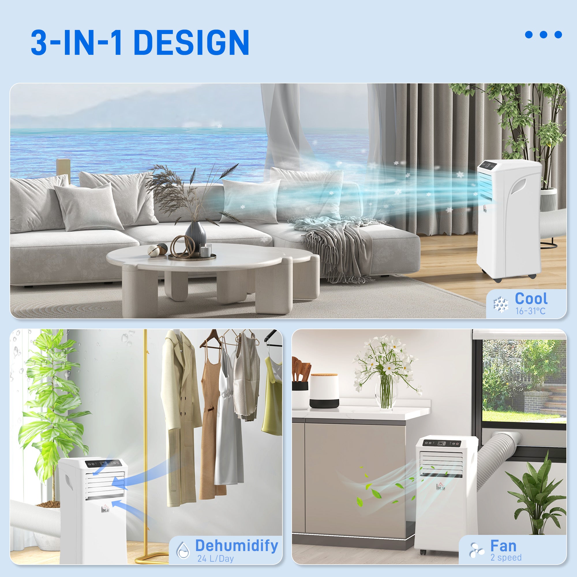 HOMCOM Mobile Air Conditioner with Remote Control, Timer, Cooling Dehumidifying Ventilating, LED Display White