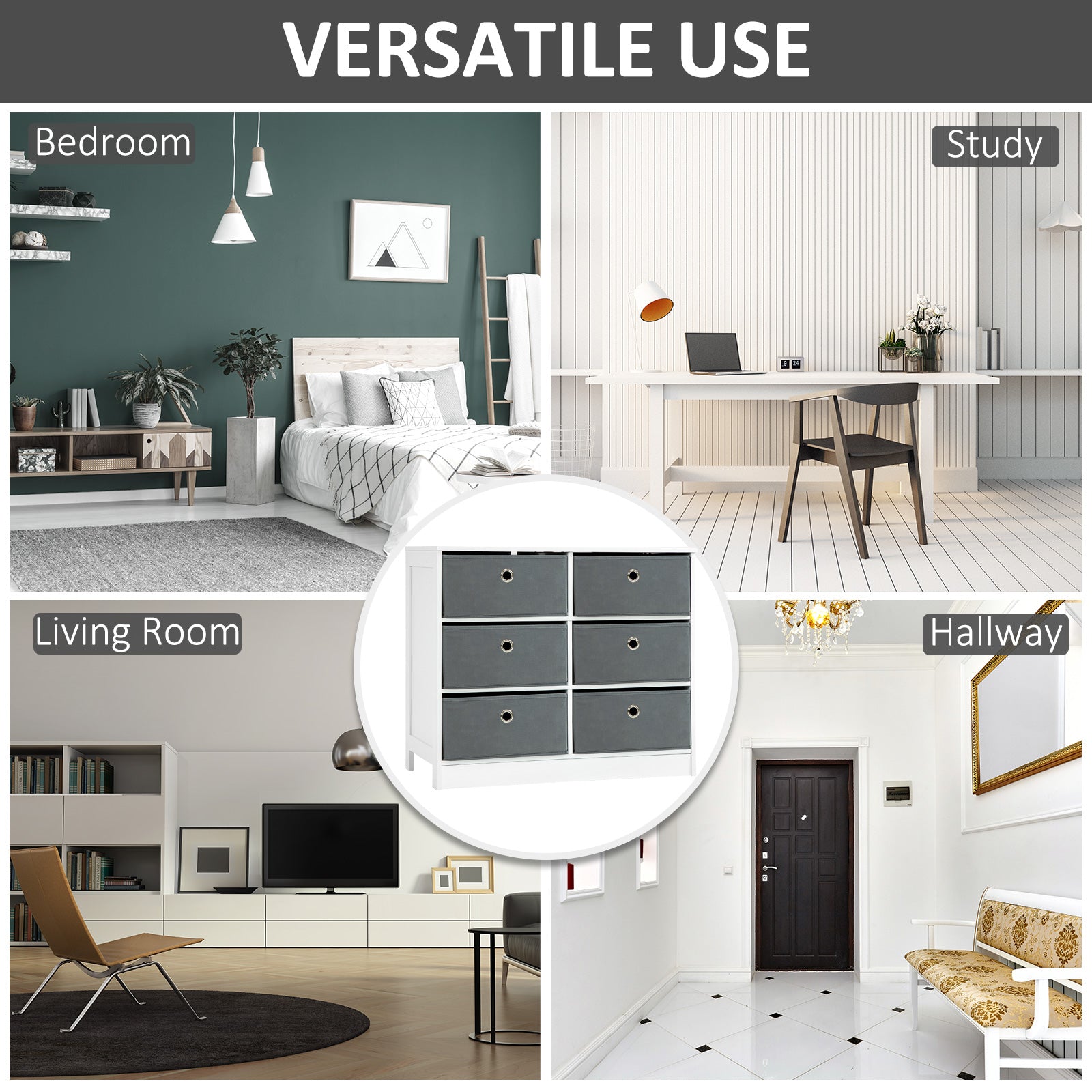 Kozy Chests of Drawer, Fabric Dresser Storage Cabinet with 6 Drawers for Bedroom, Living Room and Hallway, White and Grey