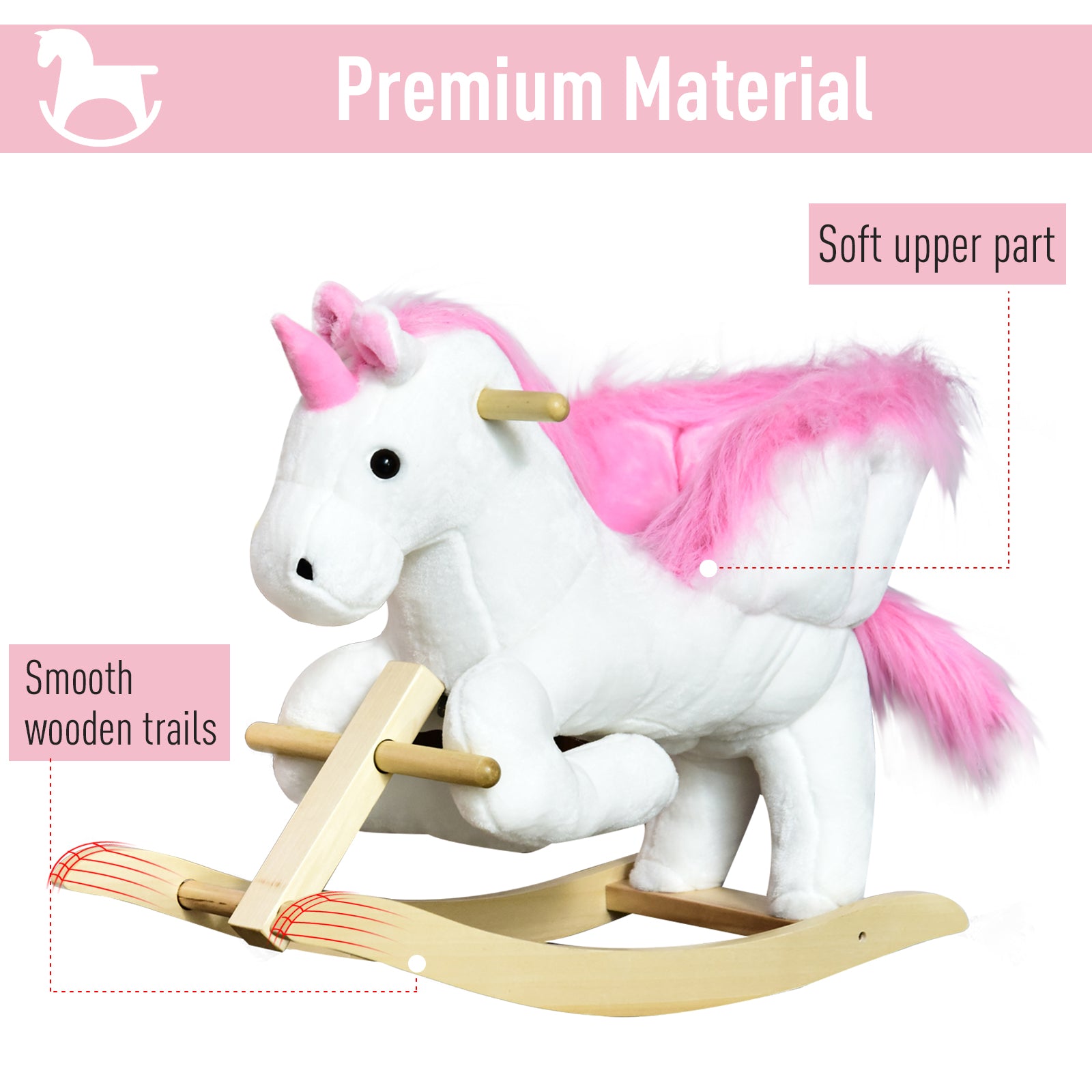 HOMCOM Unicorn Rocking Horse Kids Wooden Ride On Plush Toy w/ Music