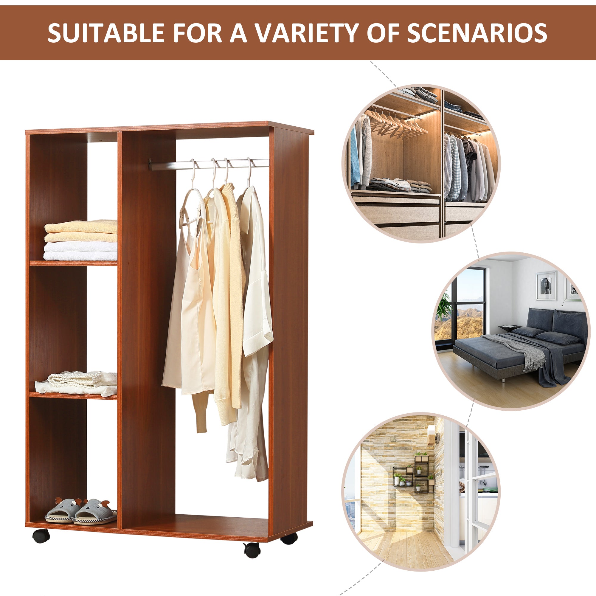 Kozy Open Wardrobe on Wheels, Bedroom Wardrobe with Clothes Hanging Rail, 3 Storage Shelves, Mobile Garment Rack for Cloakroom, Hallway, Walnut