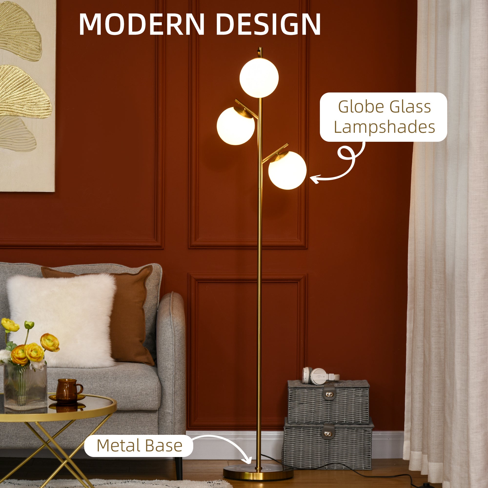 Kozy - 3-Light Tree Floor Lamps for Living Room, Modern Standing Lamp for Bedroom with Globe Lampshade, 3000K/4000K/6000K Colour Temperatures, Steel Base, Gold Tone