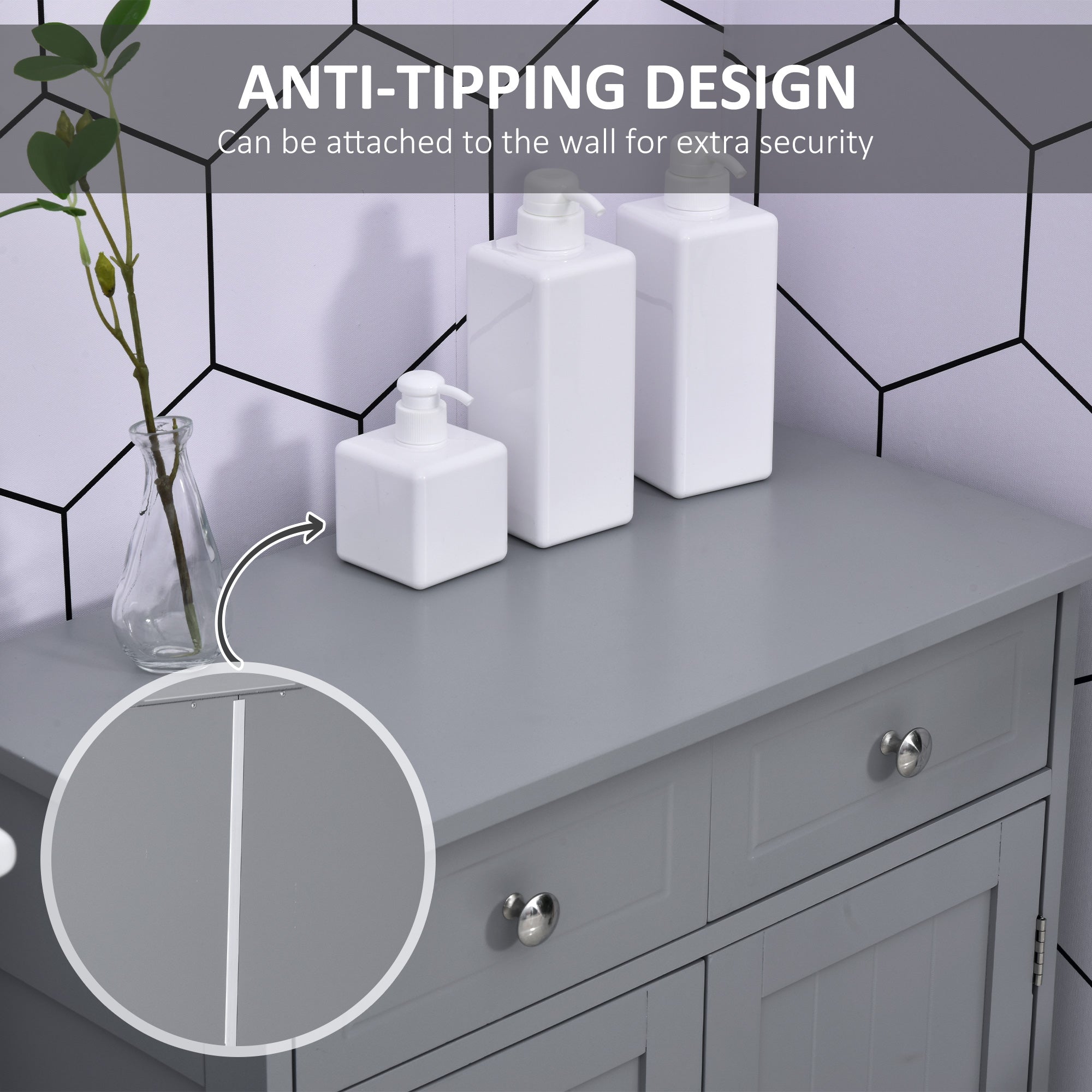 Kozy 75x60cm Freestanding Bathroom Storage Cabinet Unit w/ 2 Drawers Cupboard Adjustable Shelf Metal Handles Traditional Style Grey