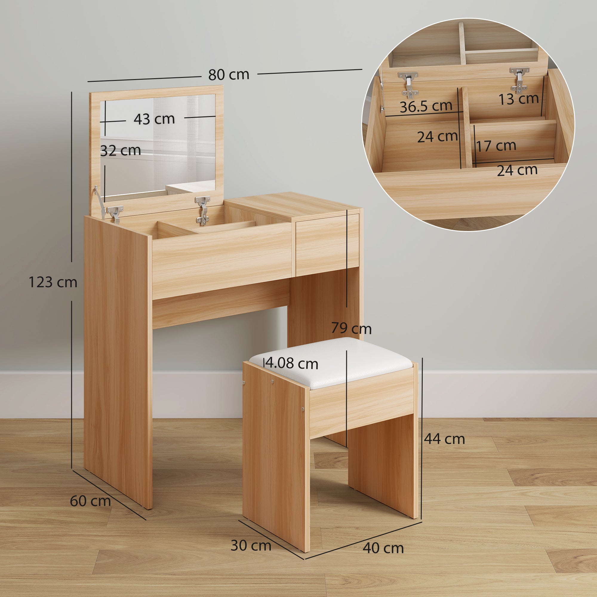 Kozy Dressing Table with Flip-Up Mirror and Cushioned Stool, Makeup Vanity Desk with Hidden Compartments and Storage Drawer, Convertible Writing Table for Bedroom, Natural