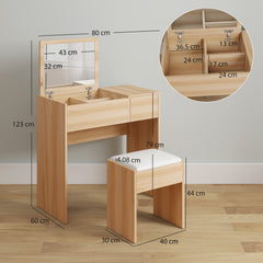 Kozy Dressing Table with Flip-Up Mirror and Cushioned Stool, Makeup Vanity Desk with Hidden Compartments and Storage Drawer, Convertible Writing Table for Bedroom, Natural