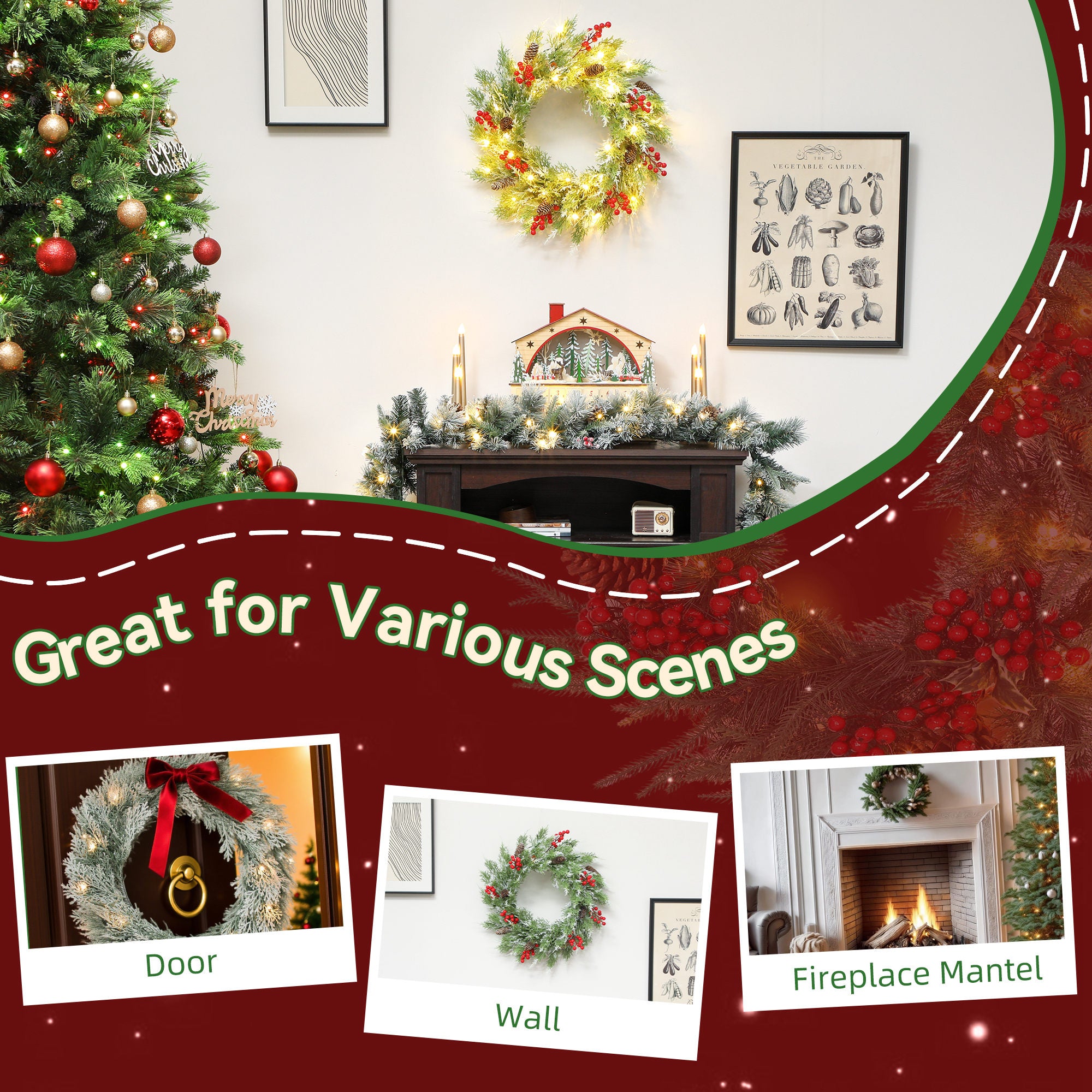 Kozy - 60 cm Prelit Christmas Wreath, Door Wreath with Realistic Branches, 30 Warm White LEDs, Timer, Battery Operated