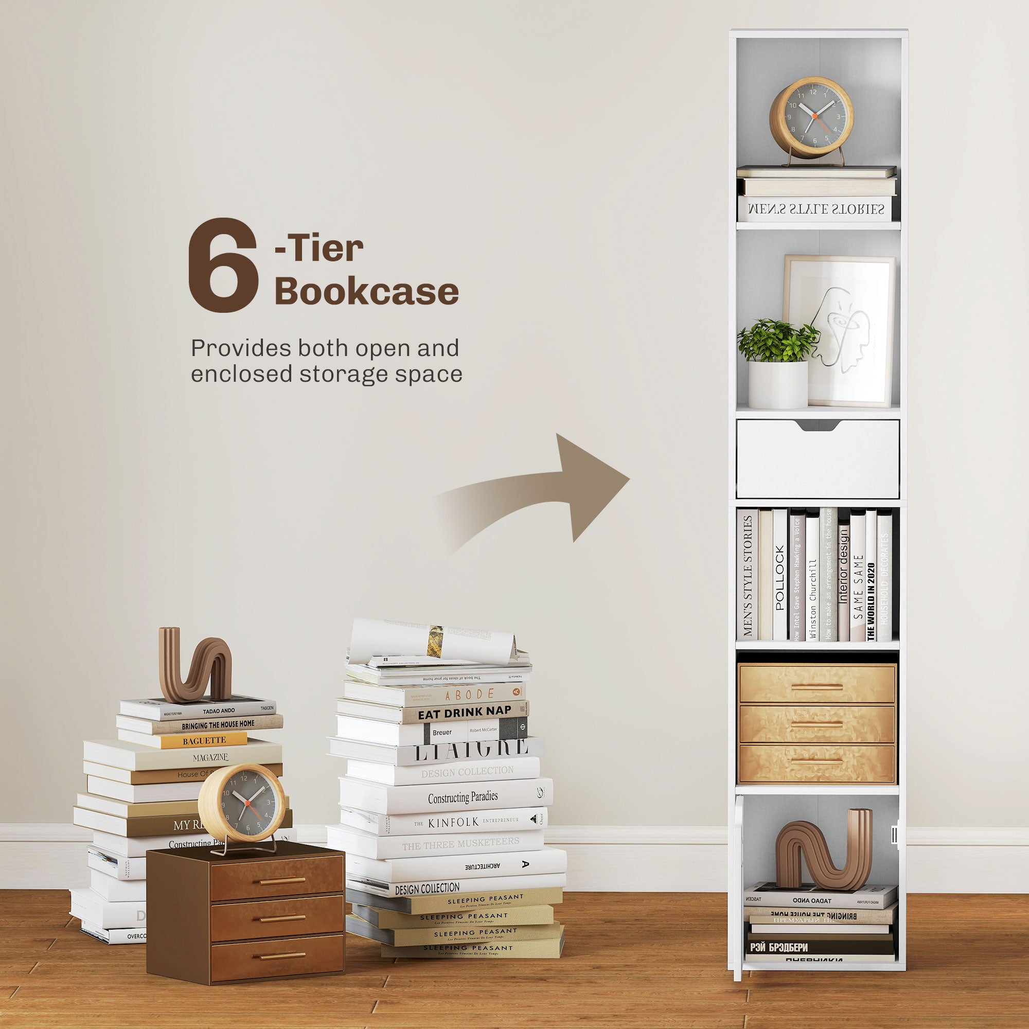 Kozy 6-Tier Bookcase, Tall Narrow Bookshelf with Drawer and Door - White