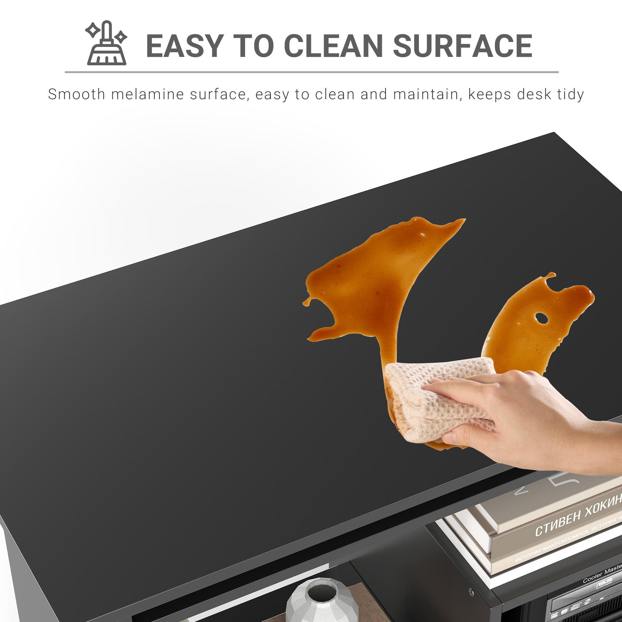 Kozy Compact Small Computer Table Wooden Desk Keyboard Tray Storage Shelf Modern Corner Table Home Office Black