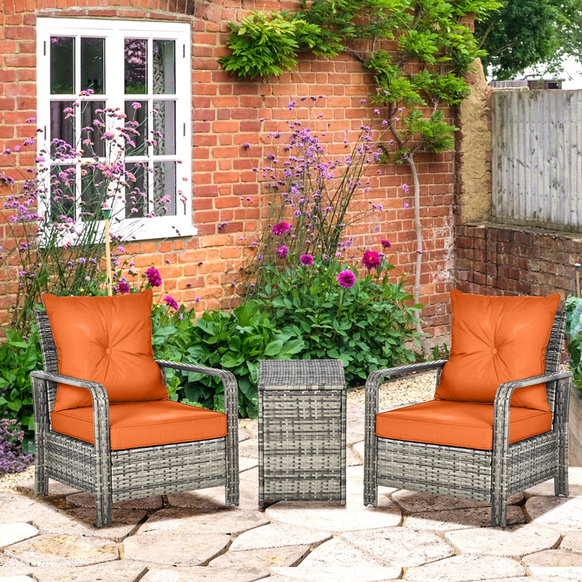Kozy 3 Pieces Rattan Bistro Set, Wicker Garden Furniture Set with Storage Coffee Table and Chairs, Thickened Cushions for Outdoor, Patio, Balcony, Orange