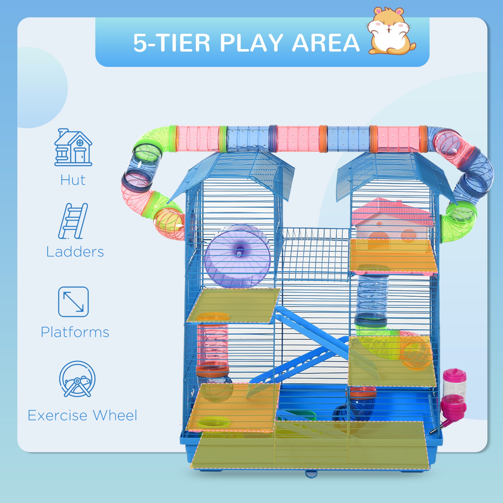 PawHut Hamster Habitat, 5 Tier Cage with Exercise Wheels, Tunnel, Water Bottle, Dishes, Ladder, Blue