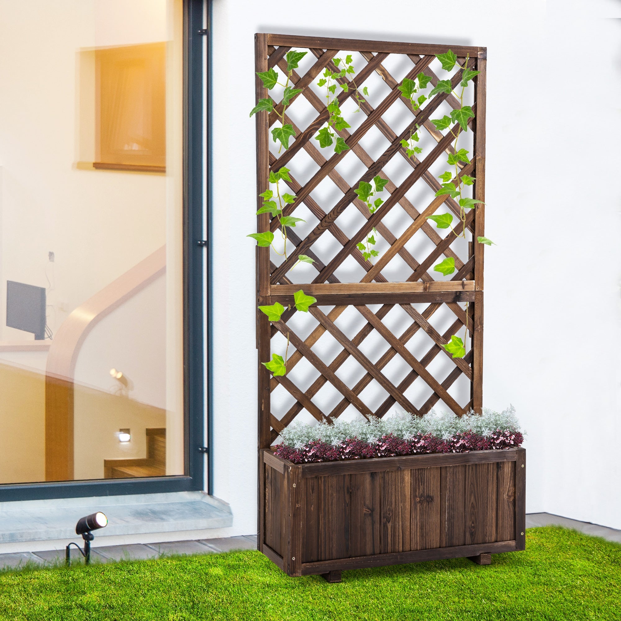 Outsunny Garden Wooden Pine Trough Planter with Topped Trellis Climbing Plants Flower Raised Bed | Aosom UK