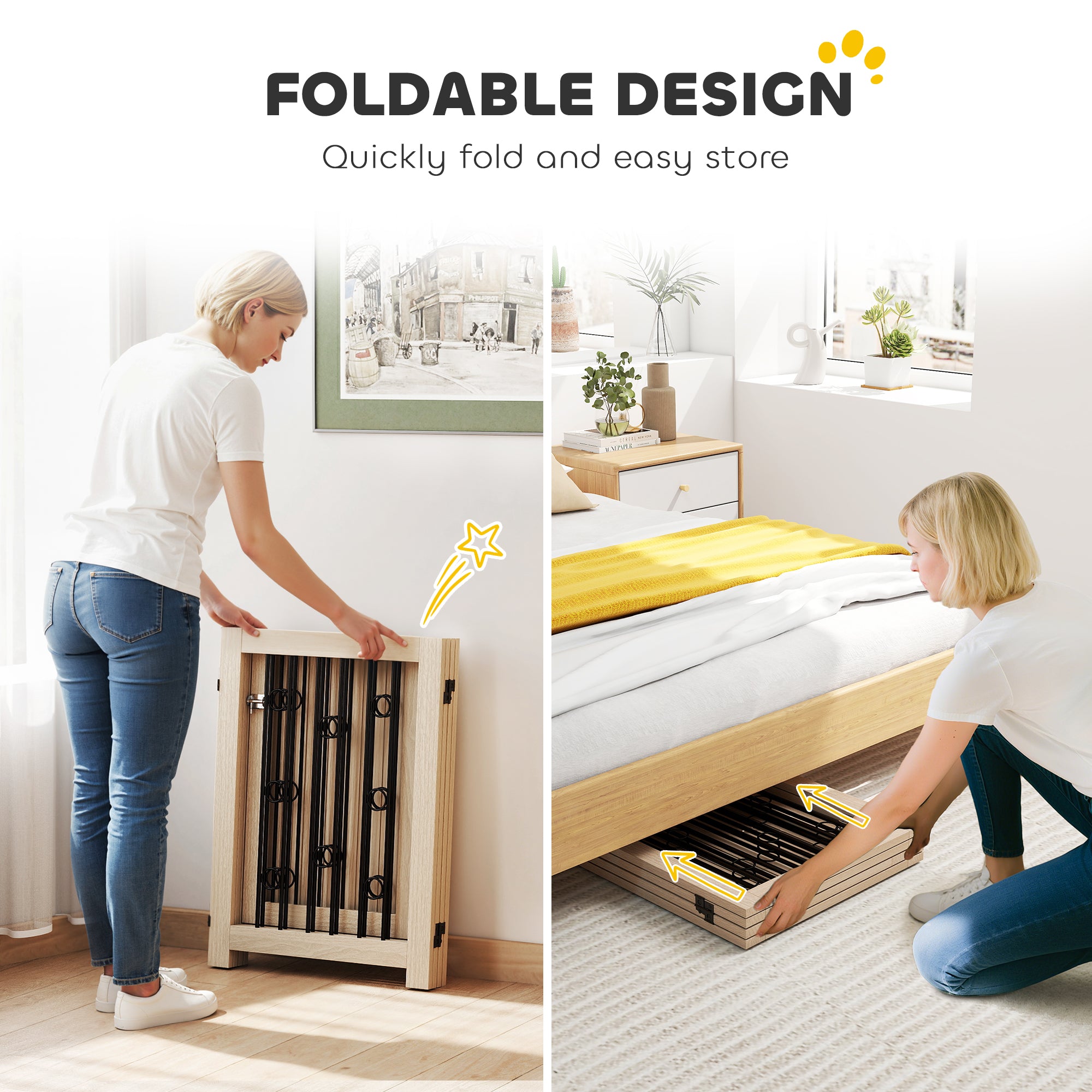 Kozy 4 Panel Freestanding Pet Gate, Indoor Dog Barrier with Lockable Door, Support Feet, 360° Flexible Hinges, Oak