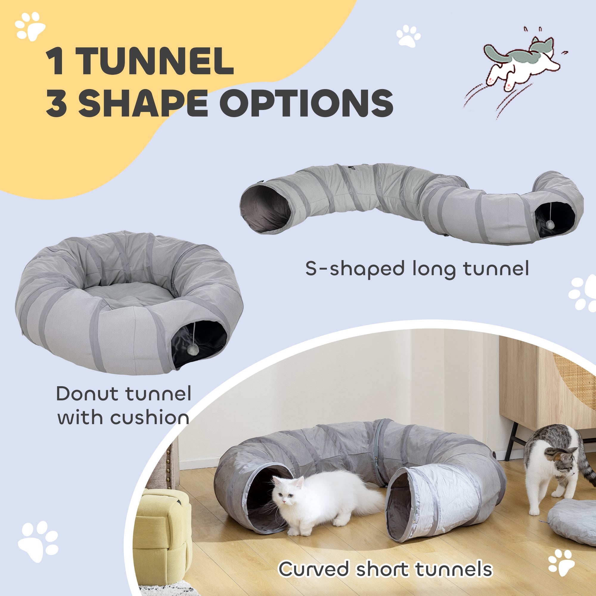 Kozy - 2 in 1 Cat Tunnel with Bed, Cat Play Tunnel with Ball & Peek Hole for Indoor Cats, Grey