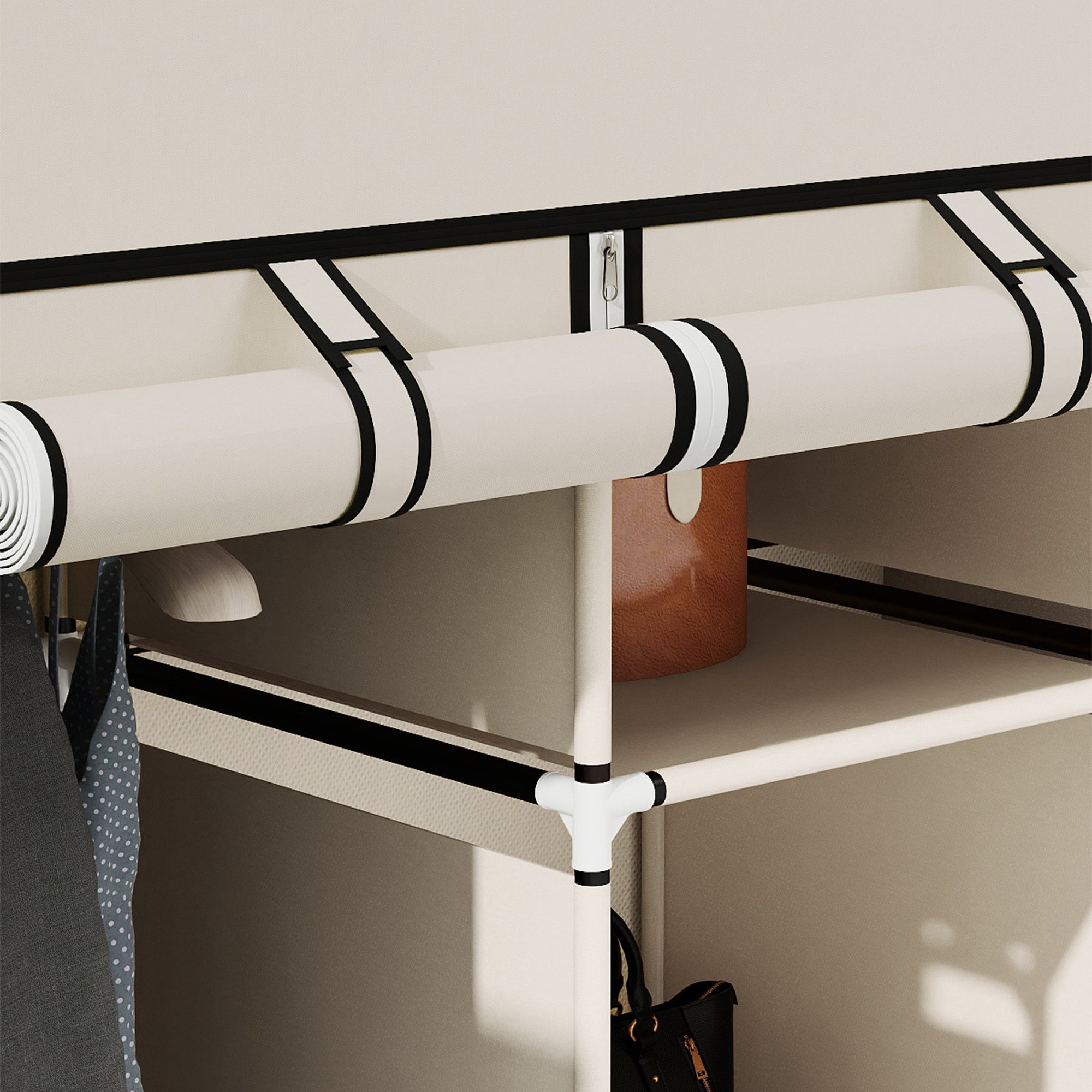 Kozy Fabric Wardrobe, with Rails and Shelves - Cream White