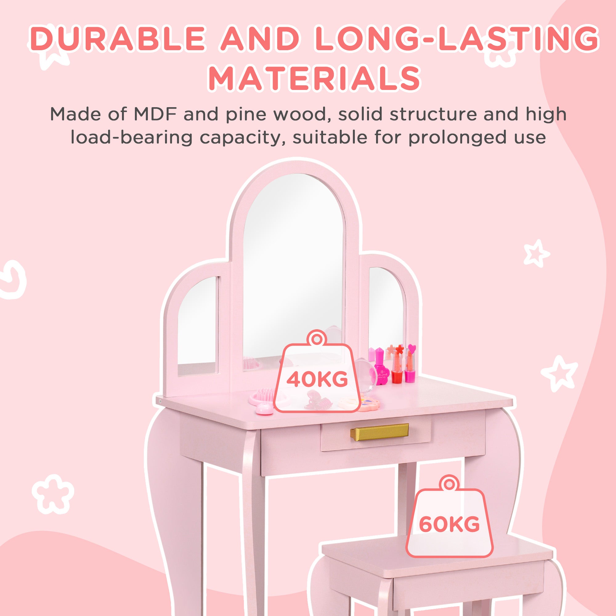 Kozy Kids Dressing Table Set, with Mirror and Drawer - Pink