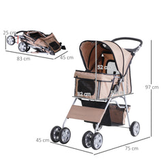 PawHut Pet Stroller Dog Pram Foldable with Wheels, Zipper Entry, Cup Holder, Storage Basket, Brown