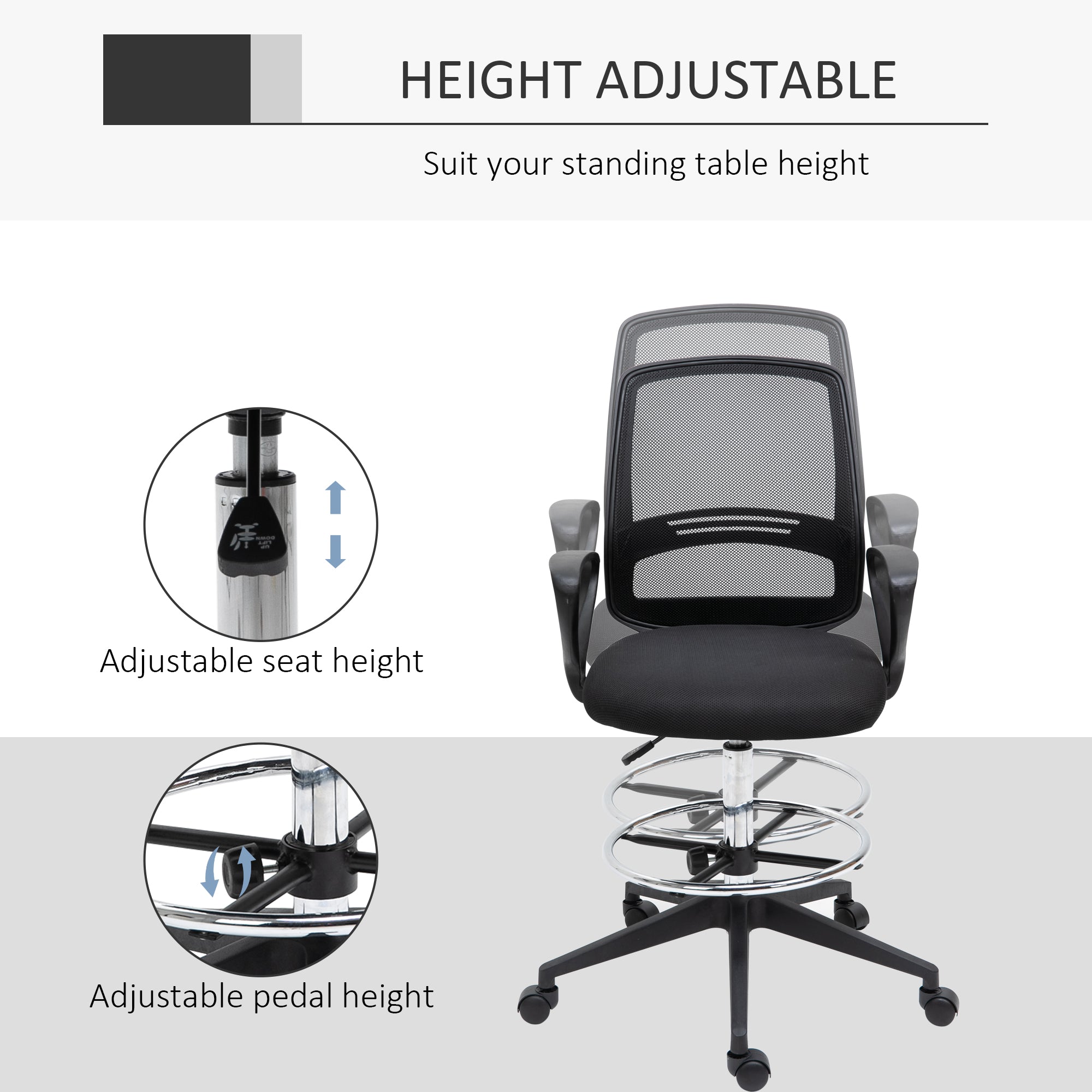 Kozy Drafting Chair, Ergonomic Tall Office Chair with Mesh Back, Lumbar Support, Adjustable Height and Foot Ring, Swivel Wheels, for Standing Desk, Black
